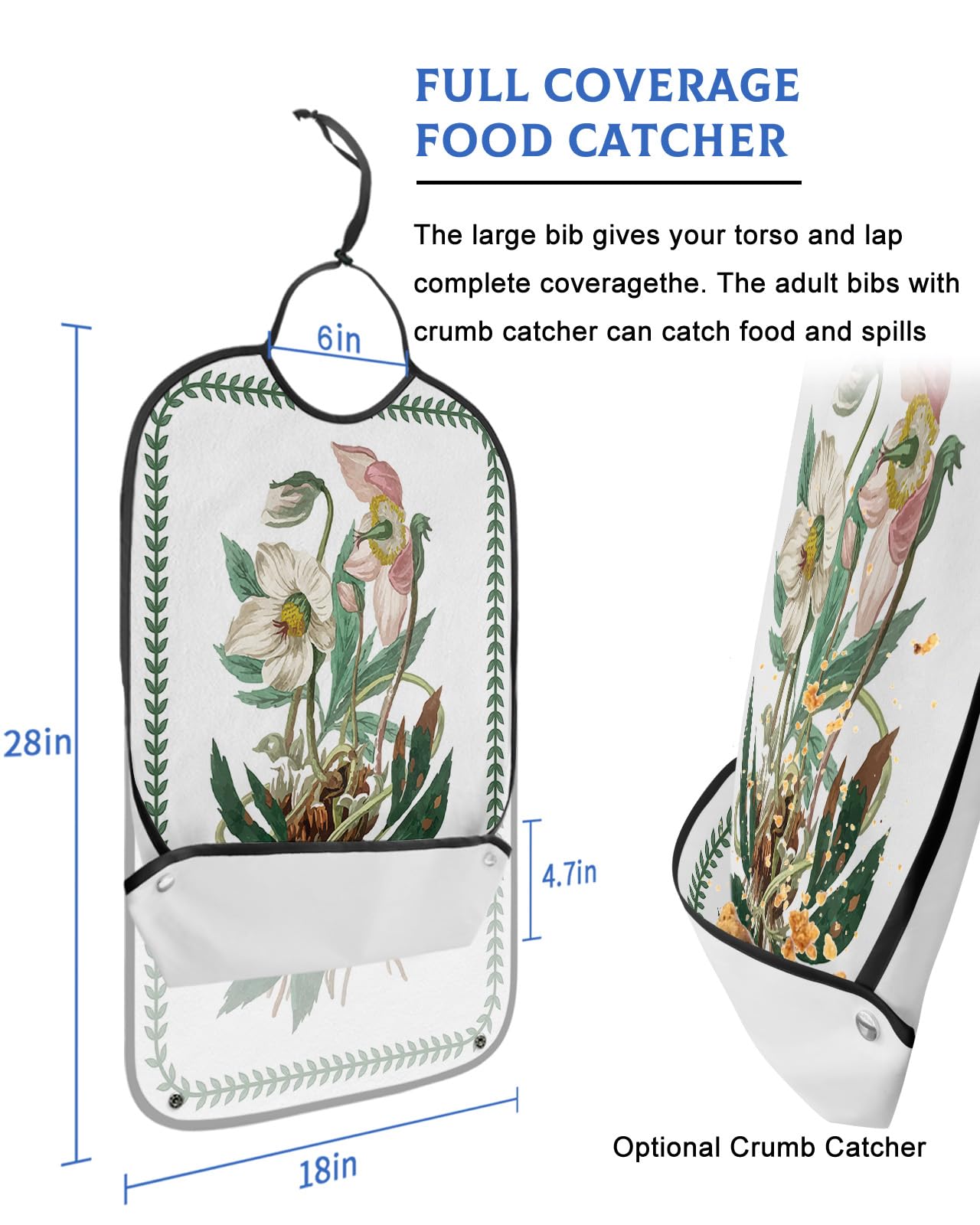 Spring Floral Adult Bibs for Eating, Waterproof Bibs with Food Catcher & Adjustable Snap Closure, Summer Flower Green Tropical Leaves Rustic Clothing Protectors Adult Bibs for Elderly Women/Men