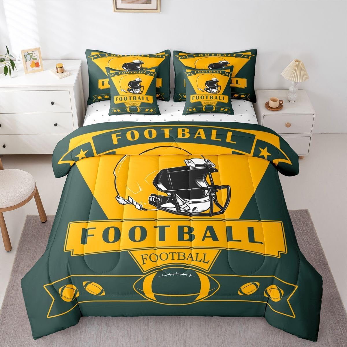 Loussiesd Calcio Piumino Letto Con Lenzuola 7 Pezzi 264X229cm(7-piece Set),green Bay Letto Trapuntato,american Football City Regali Per I Tifosi Di Calcio