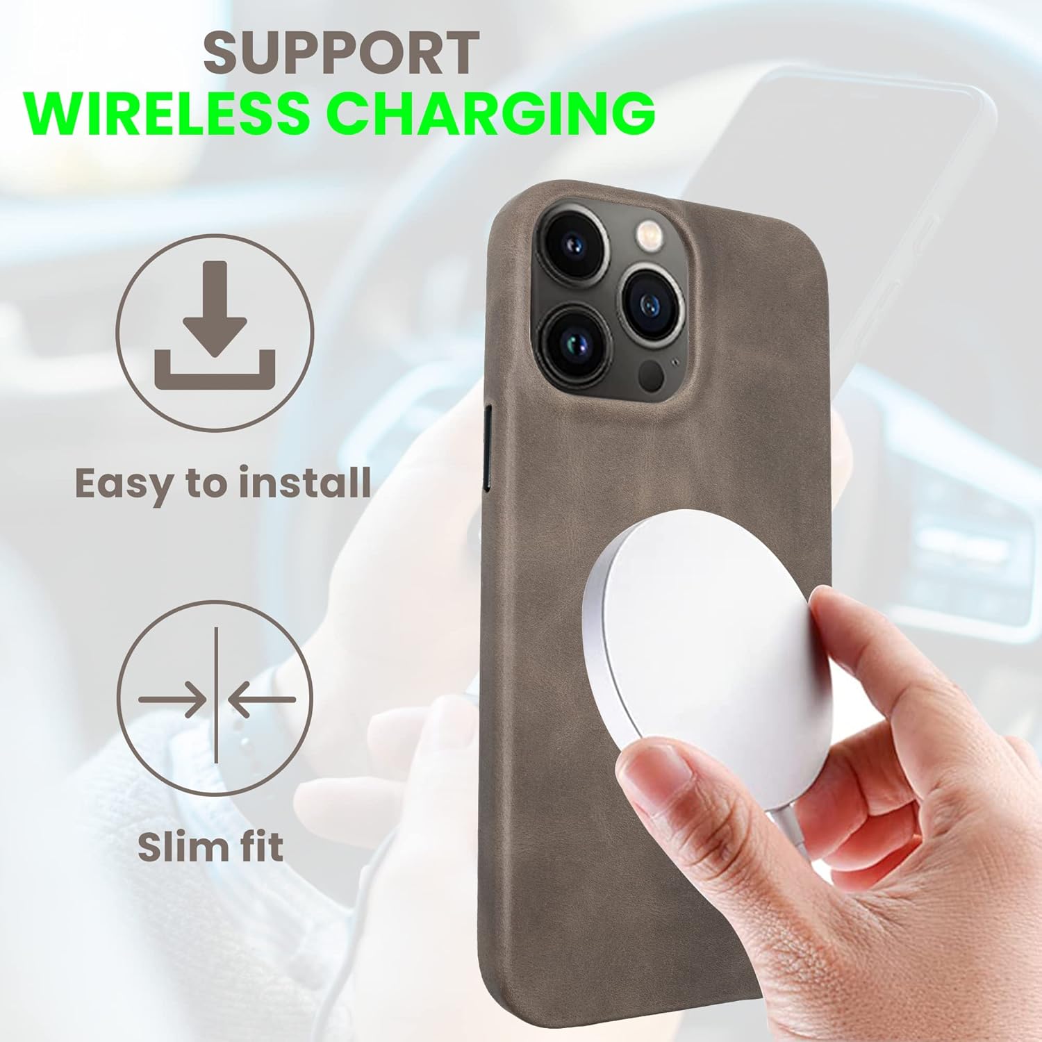 Genuine Leather Case - Oil Waxed Full Grain Anti-Scratch Leather Case - Compatible with iPhone 12 Pro Max - Shockproof, Drop Proof, Protective Slim Case (12 Pro Max Ash)