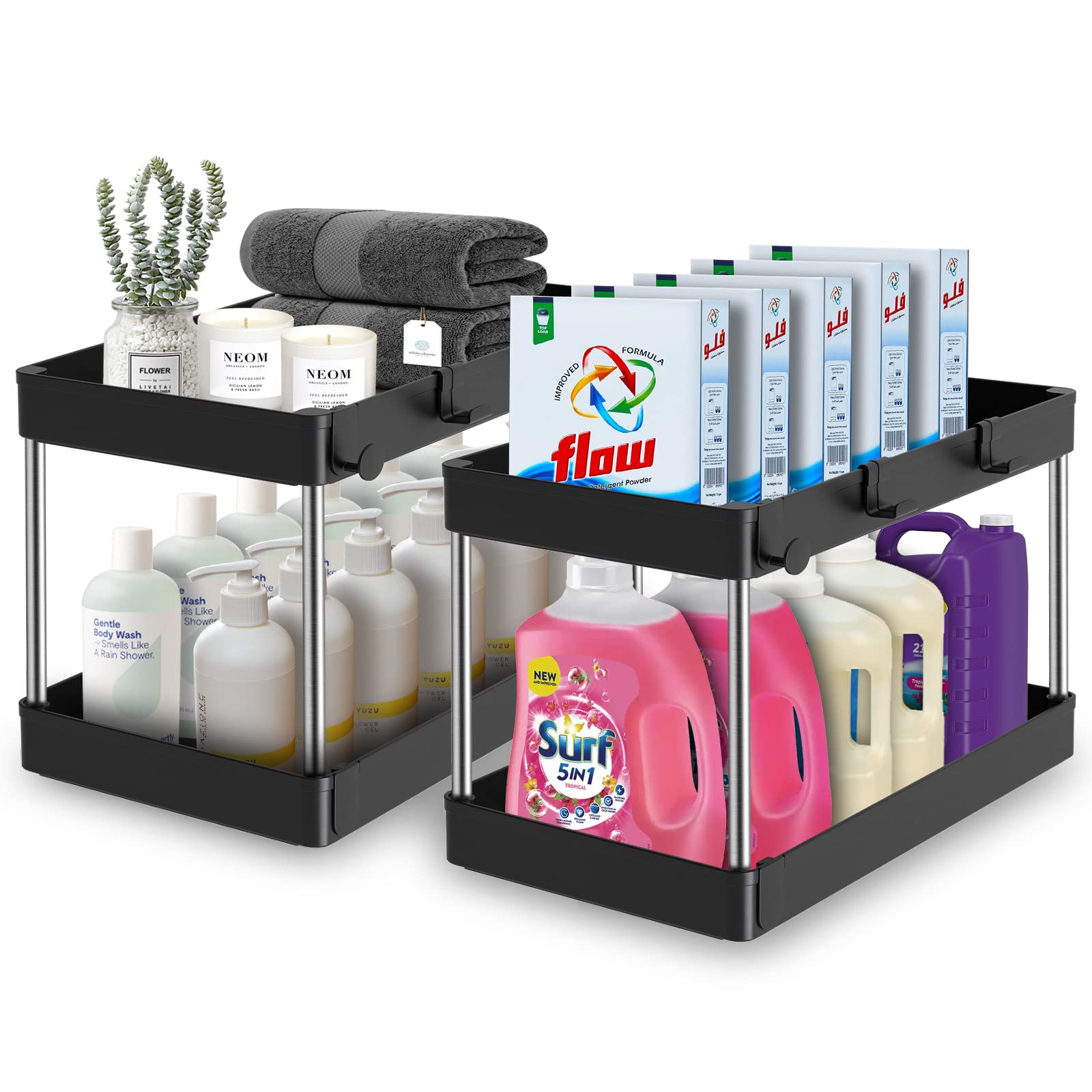 2 Pack Under Sink Organizer,2 Tier Under Sink Organizers and Storage,Under Cabinet Organizer with Hooks,Multi-Purpose Standing Rack Organizer for Bathroom Kitchen