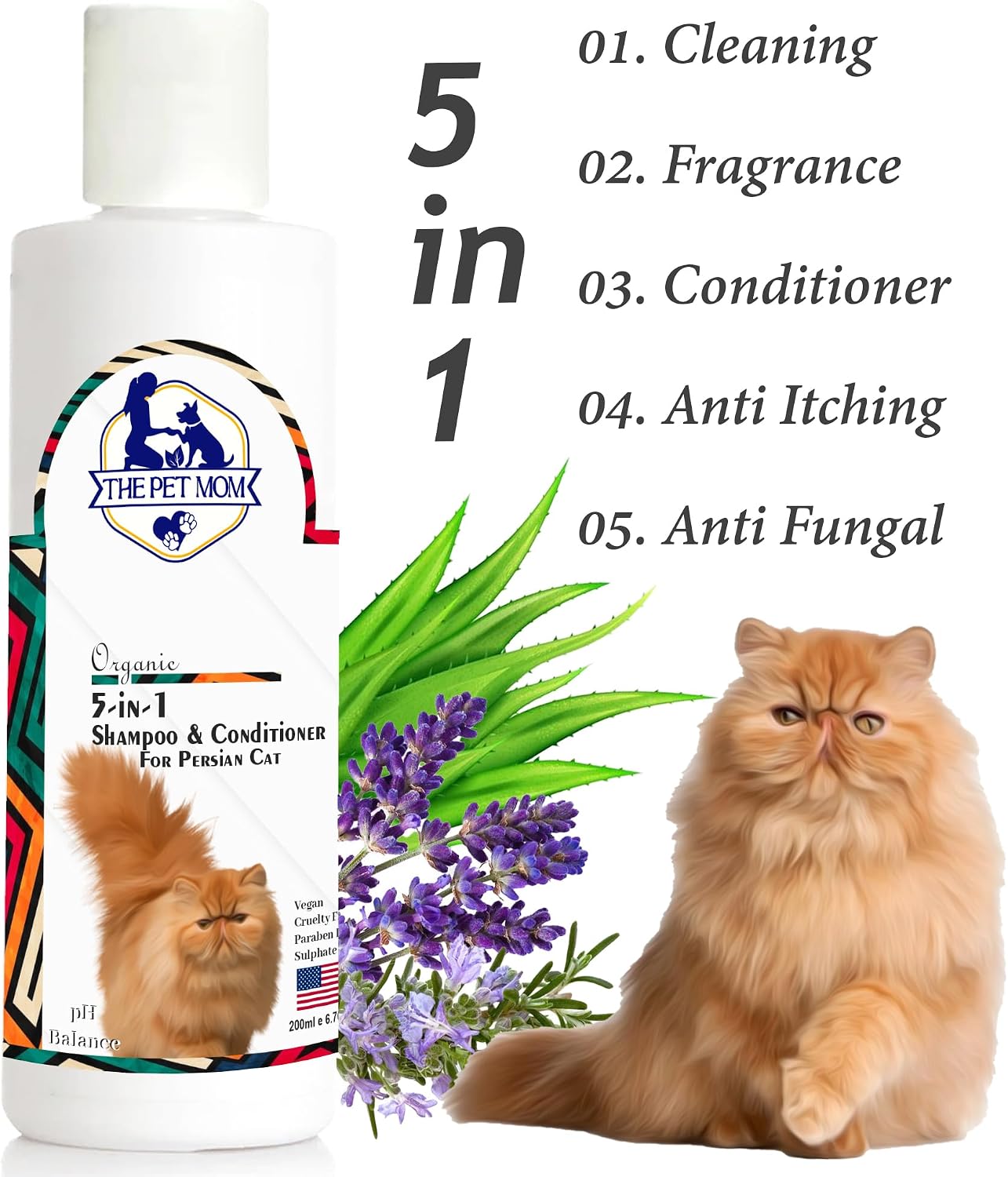 Organic 5 in 1 Shampoo & Conditioner for Persian Cat Help in Deep Cleans, Refreshing, Conditions, Bad Odor, Anti Itching, Anti Fungal Cat Shampoo Conditioner for All Cats Breed –200ml