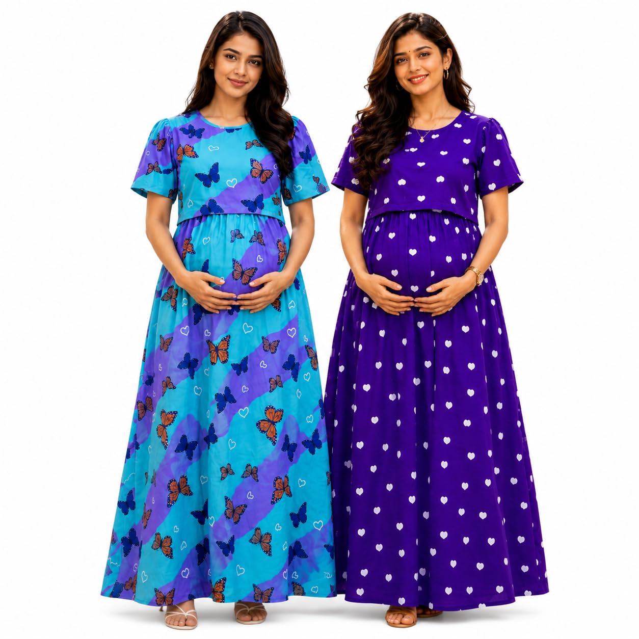 RENIS.Store Women's 100% Cotton Zipless Feeding Maternity Nighty Pack of 2 | Pull Up Night Dress, Feeding Wear Back Tie with Side Pocket | Sky Blue & Red | Size - M-image-36