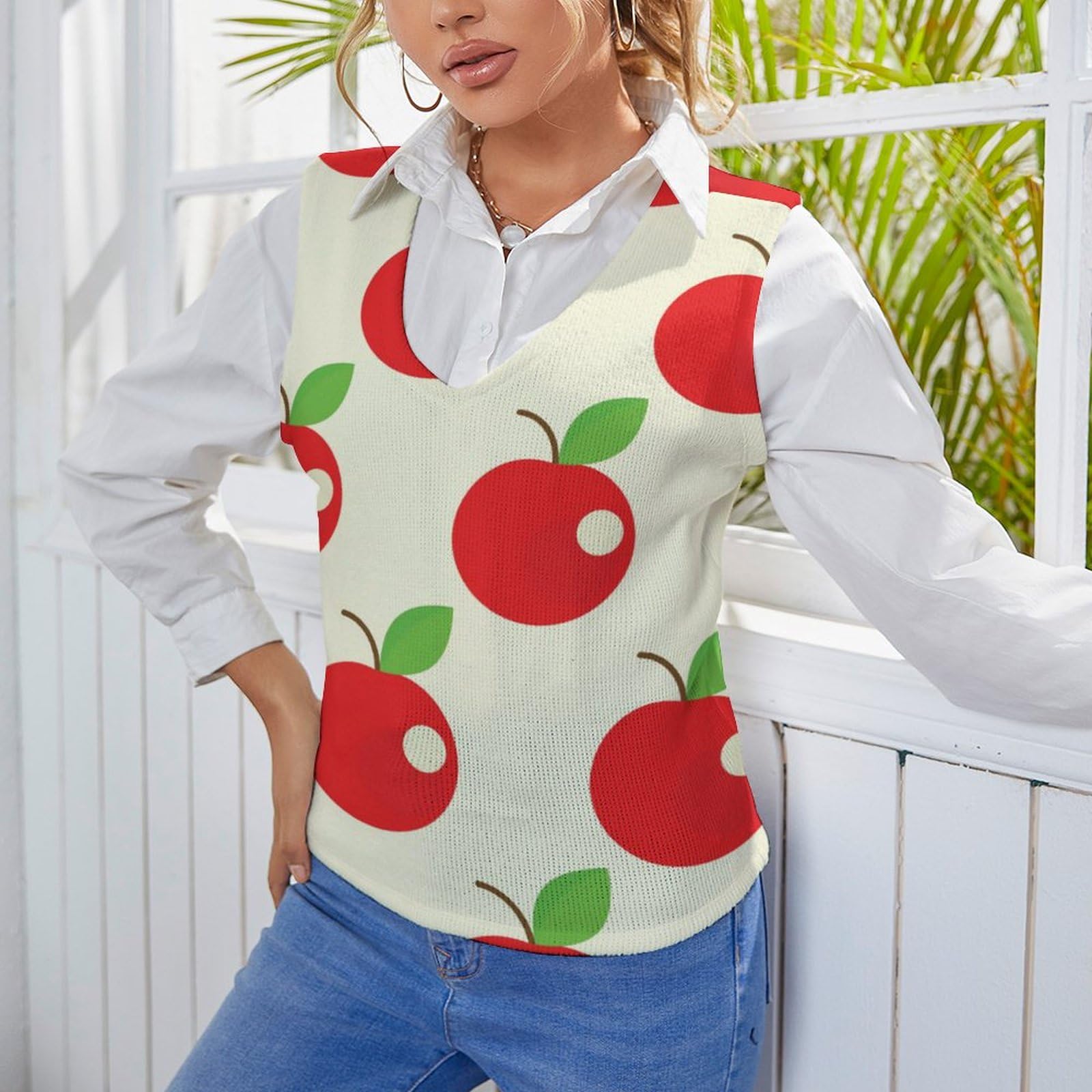 Amazon.co.jp: ニットベスト レディース Vネック りんご柄 さくらんぼ