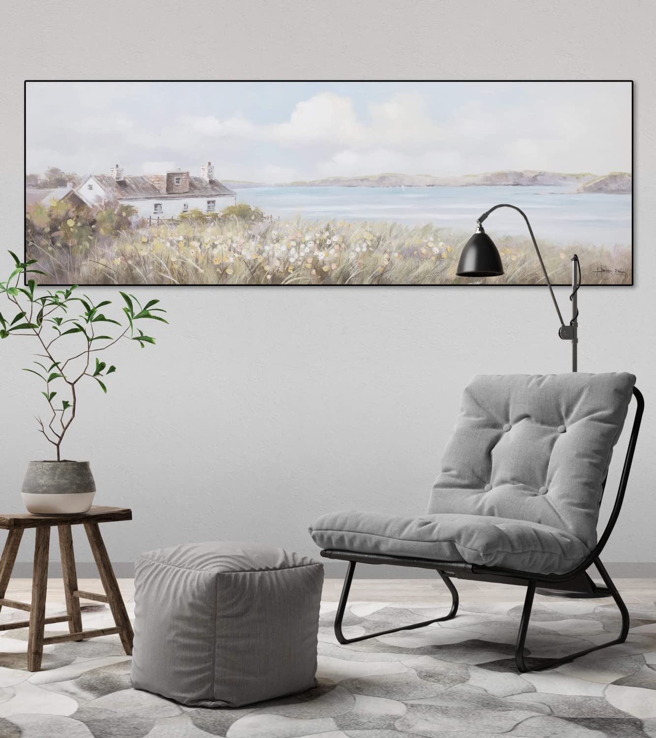 KunstLoft Leinwandbild | 100% HANDGEMALT | 150x50cm | Gemälde 'Ruf der Ferne' | Abstrakt | Blau Grün | Wandbild Wohnzimmer
