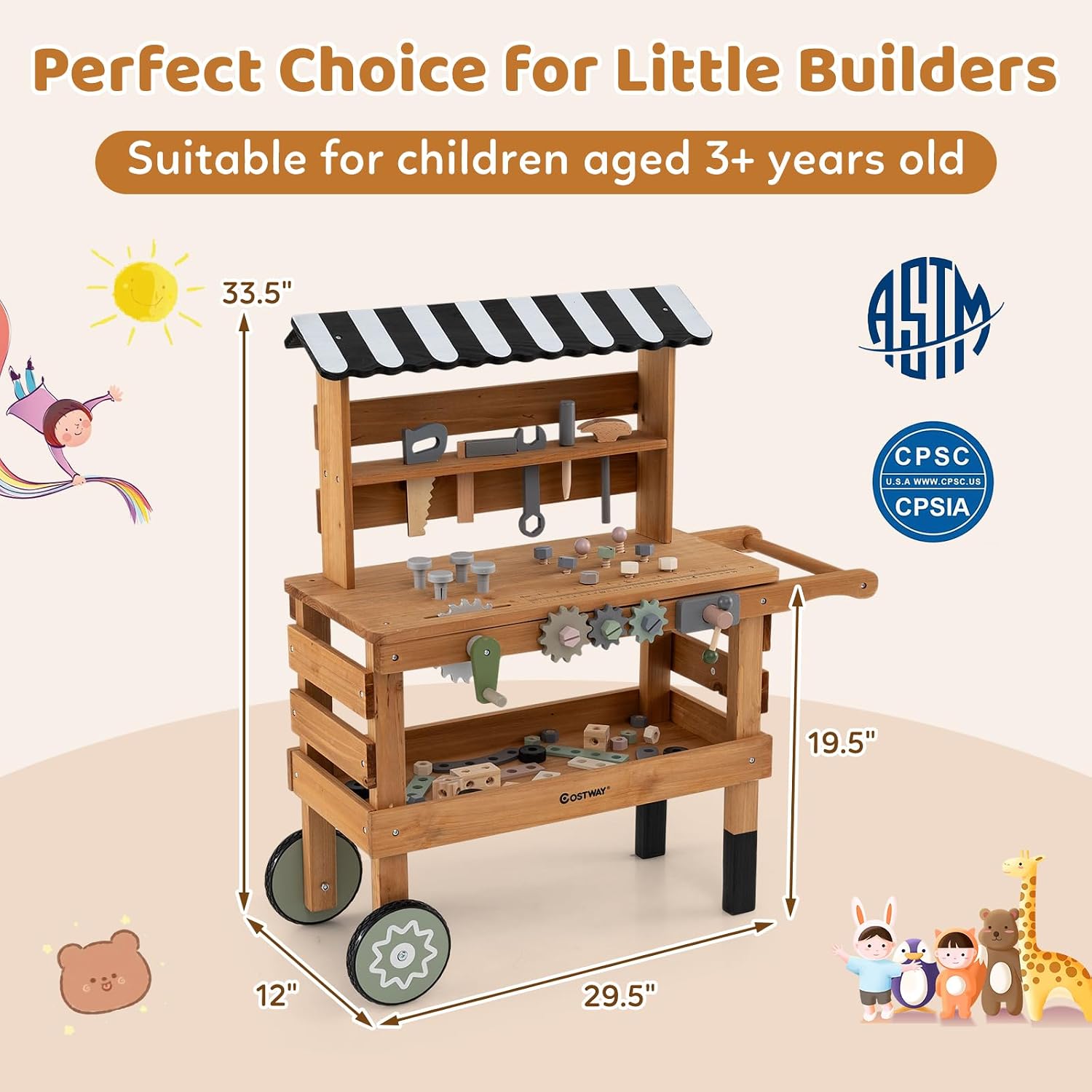 KOTEK Kids Tool Bench with Wheels, Wooden Toddler Workbench Playset with Tools & Canopy, Pretend Workshop Cart for Construction Play, Tool Bench Toy Gift for Boys & Girls Ages 3+