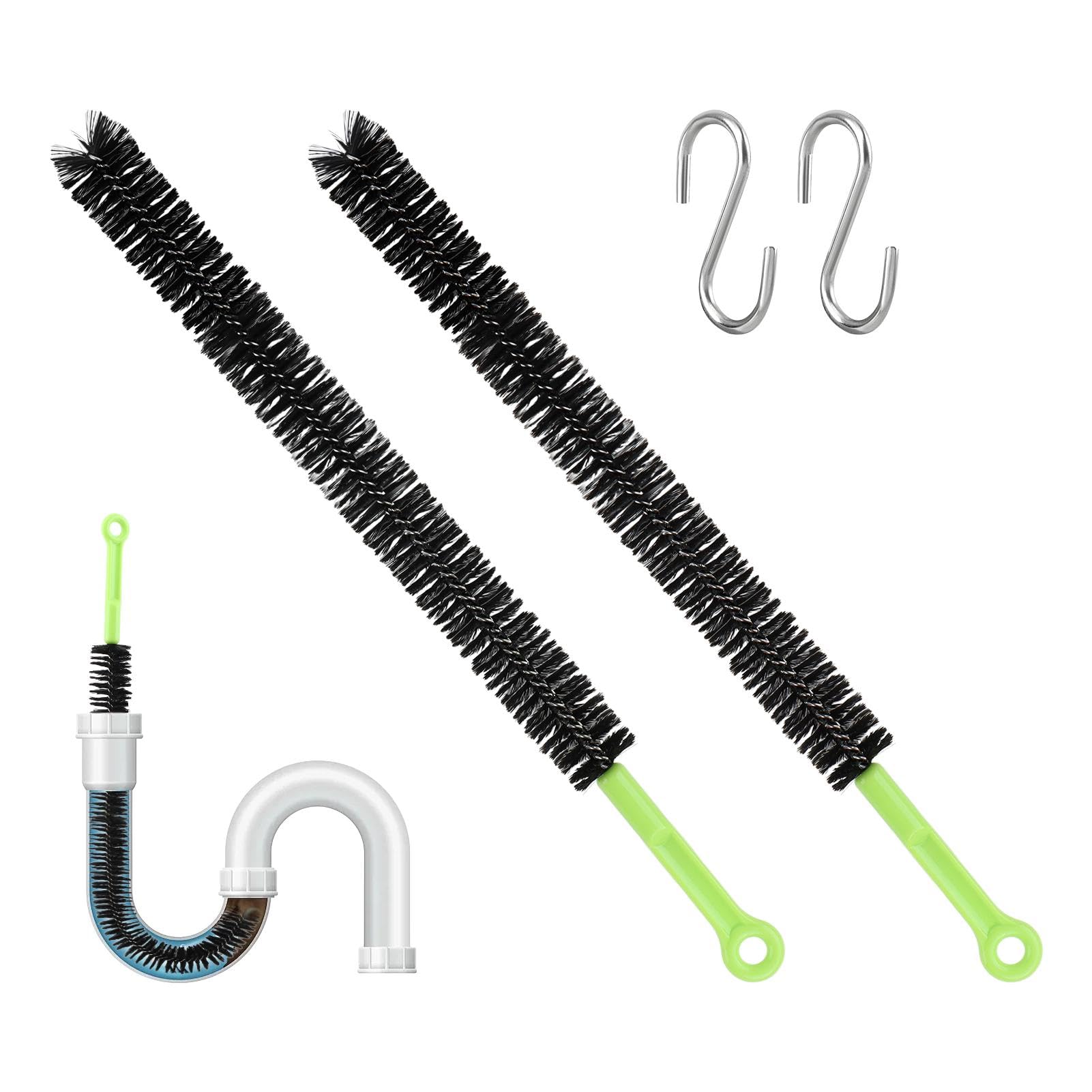 2 Pcs Drain Clean Brush Set,with 2 S-shape Hooks Extended Dryer lint Removal Brush Drain Clog Remover for Toilet, Kitchen Sink, Sewer Drain, Bathroom