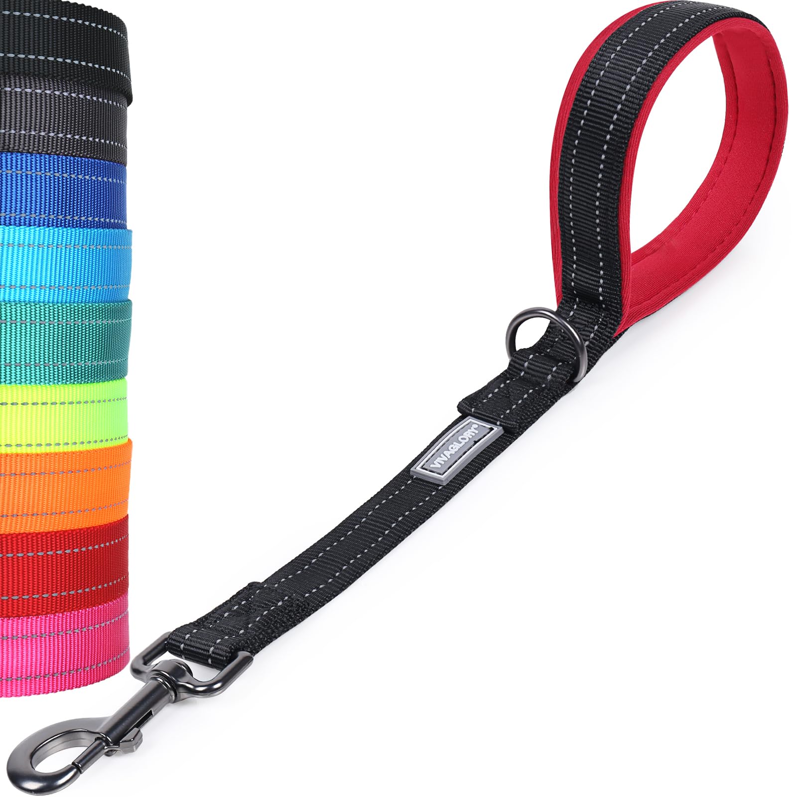 VIVAGLORY Short Dog Leash Closelyt Traffic Leash for Dog with Soft Padded Handle for Training & Walking, Padded Neoprene & Heavy Duty, 18Inch, Black/Red