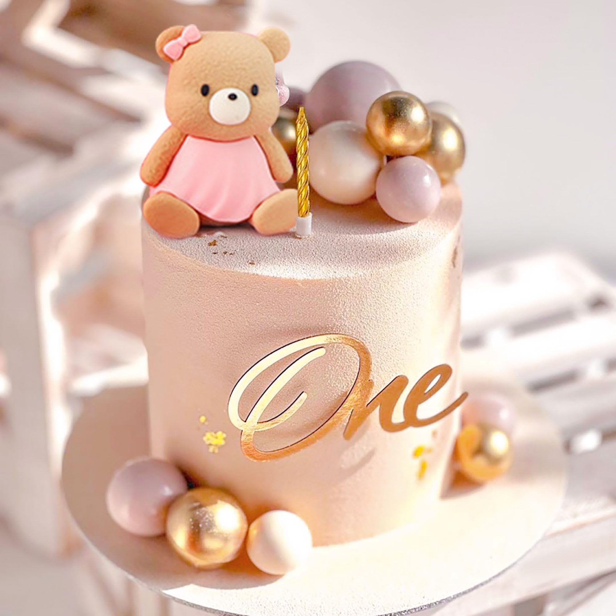 Déco Gâteau Ours Rose – Topper Baby Shower Fille + 'Bébé' + Étoiles & Boules – Thème Ours Rose Anniversaire