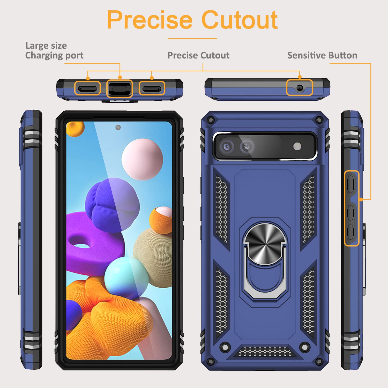 for Google Pixel 6a Case with Tempered Glass Screen Protector [2 Pack], Military-Grade Armor Shockproof Protective Phone Cover with Ring Magnetic Kickstand for Pixel 6a, Blue