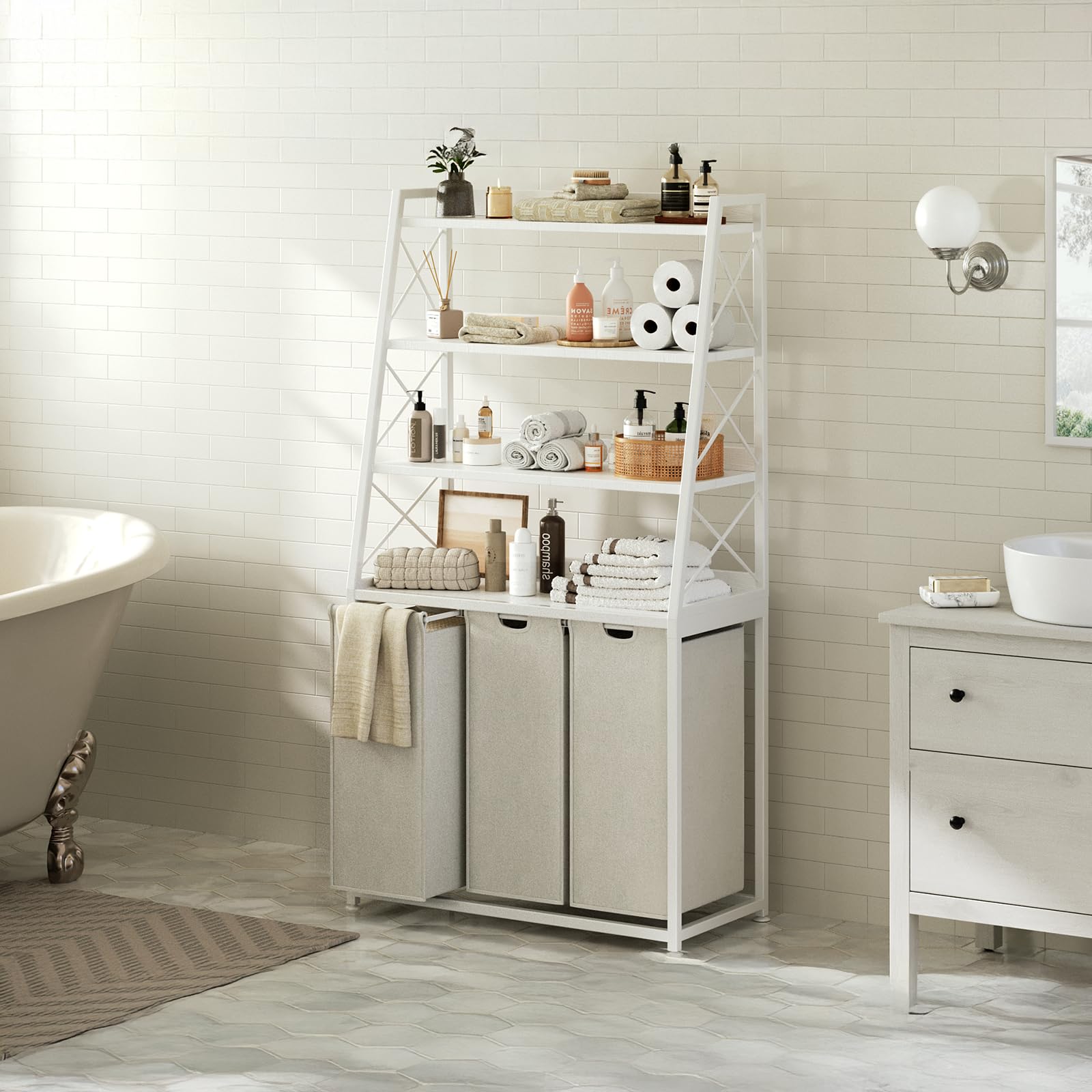 Herture Wäschekorb, 3 Abschnitte Wäschesammler mit 4 Etagen Regal, ausziehbare und abnehmbare Wäschesäcke, groß 3 x 60 L, für Waschküche Badezimmer, Weiß PF05XLW
