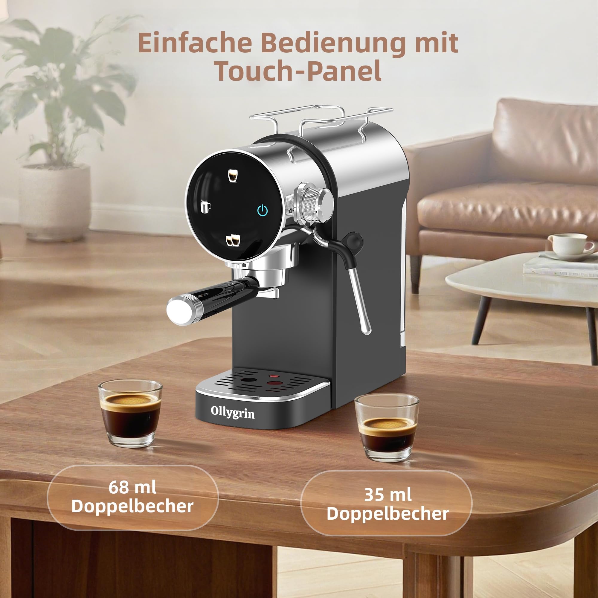 Ollygrin 20 Bar Espressomaschine mit Milchaufschäumer - Für Einzel- und Doppelshots, mit entnehmbarem Wassertank, Vorinfusion für cremigen Genuss - Ideal für Haushalt und Büro