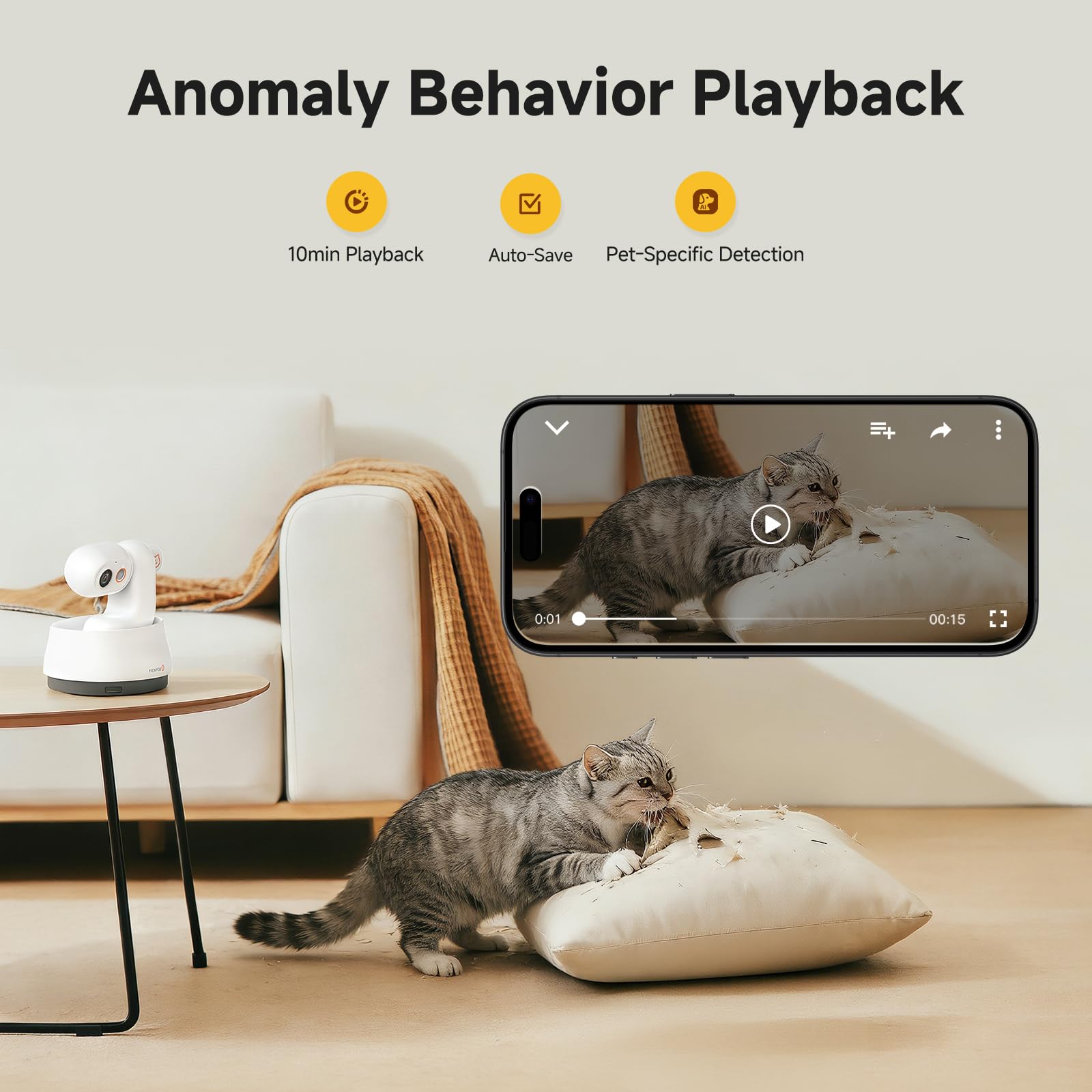 Cámara P0 AI para mascotas con seguimiento 2K, edición de grabación de video automática y alertas inteligentes, vista panorámica de 350° con visión nocturna, audio bidireccional, protección de