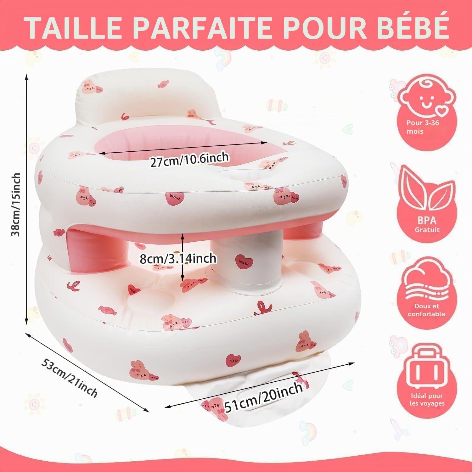 Siège Gonflable Pour Bébé de 3 Mois Plus, Chaise Gonflable Bebe avec Pompe Intégrée, un Auxiliaire de Fauteuil Tout-petits (Lapin)