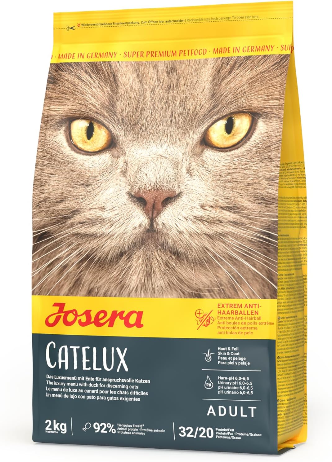 Josera Catelux | Complete cat food | Extreme Anti-Hairball | Ideal for long-haired cats | For fussy breeds | Gluten free | High meat | Skin & Coat | 2kg