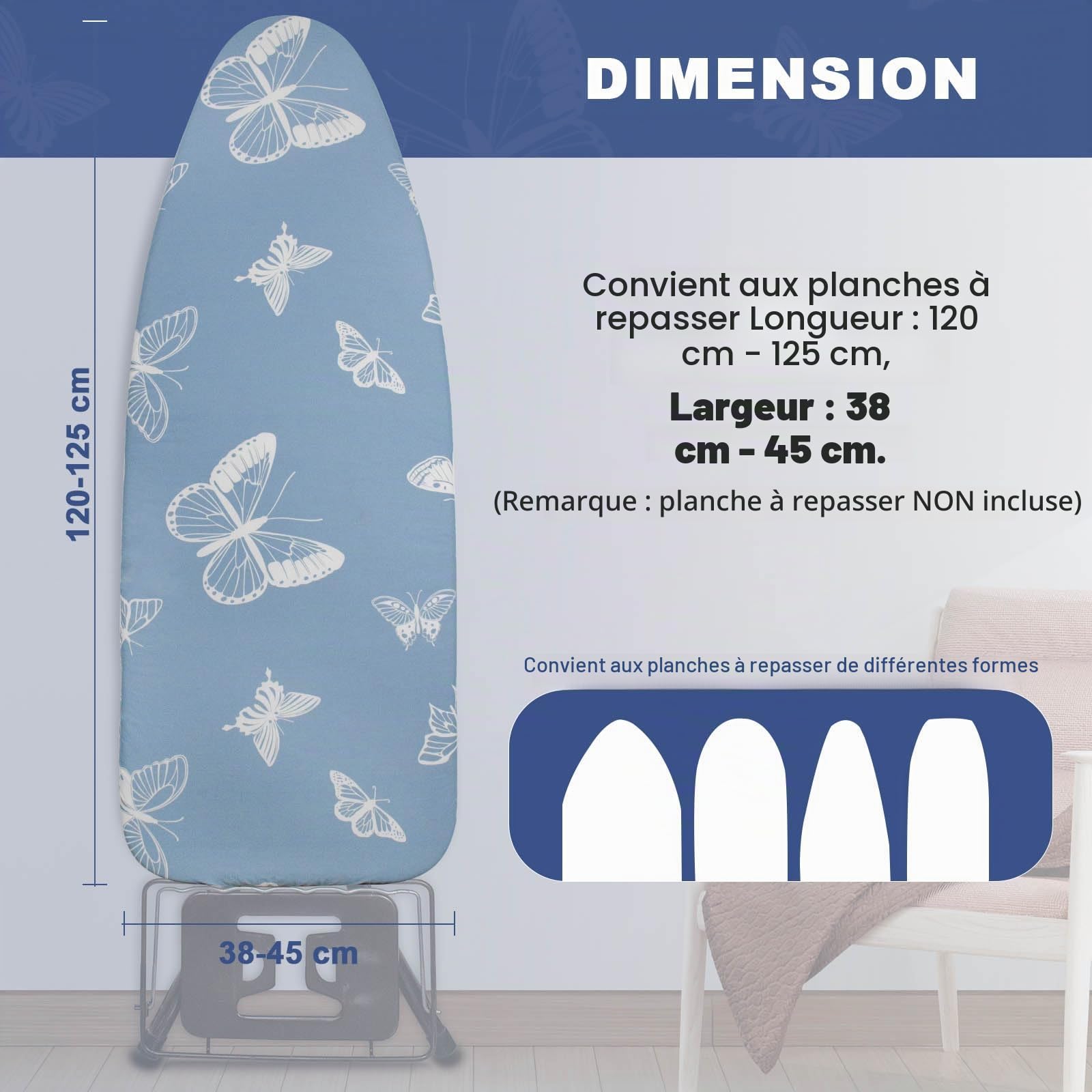 Housse de planche à repasser 125 x 45 cm et 122 x 38 cm - Rembourrage épais - Résistant aux brûlures et aux taches - Fermeture réglable - Rembourrée - Motif papillon