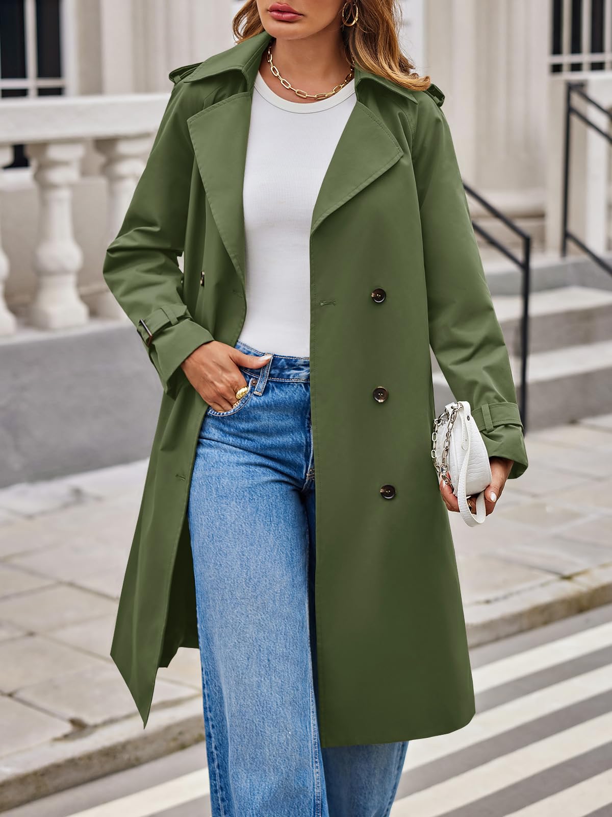 Tankaneo Langer Damen-Trenchcoat, zweireihig, Revers, leicht, übergroß, winddicht, Herbstmantel mit Gürtel