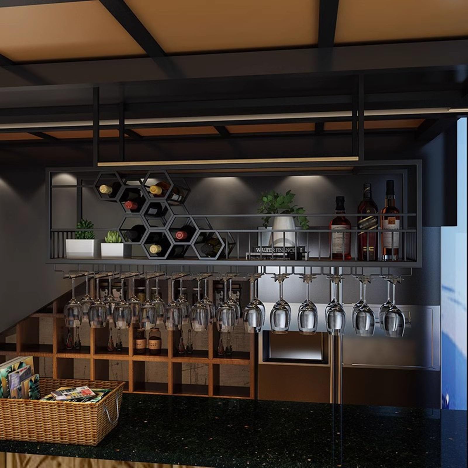 Porte-bouteilles de plafond, style industriel multifonction avec support en verre inversé pour restaurant, bar, café