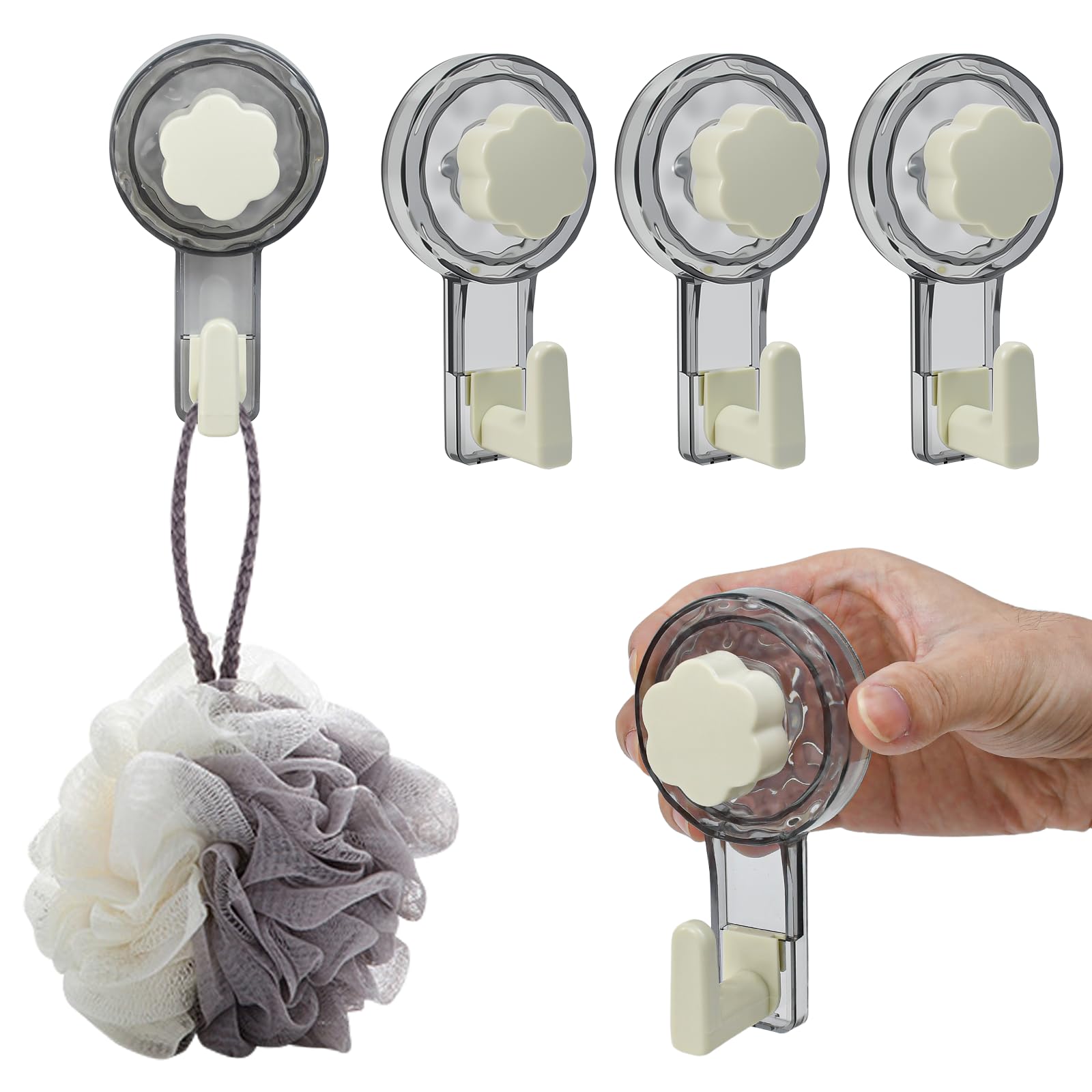 Ybccby White And Gray 4 Pcs Suction Hooks, Load Capacity 5Kg Heavy Duty Knob Sucker Hook Plastic Suction Cup Hook, Waterproof Suctions Cups Reusable Shower Hooks Powerful Vacuum Suctions Cups For Bathroom Kitchen
