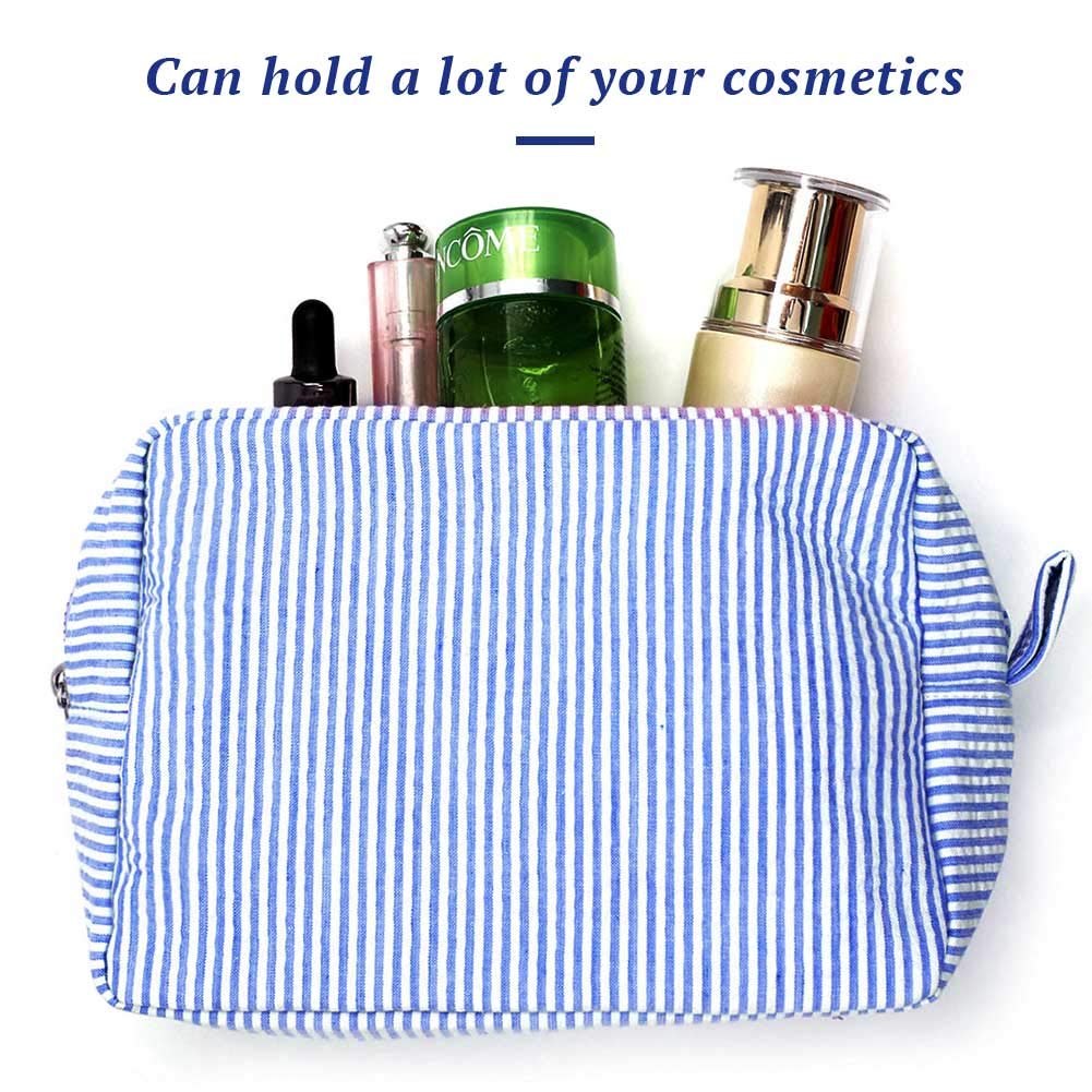 Seersucker Cosmetic Bag, Large Makeup Pouch Travel Toiletry Case with Zipper Closure Seersucker Cosmetic Organizer for Women Girls