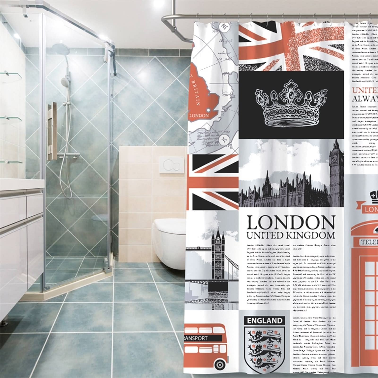 Shower Curtains Long, Duschvorhang Moder Englische Zeitung Mehrfarbig Polyester 200X180cm Badezimmerzubehör