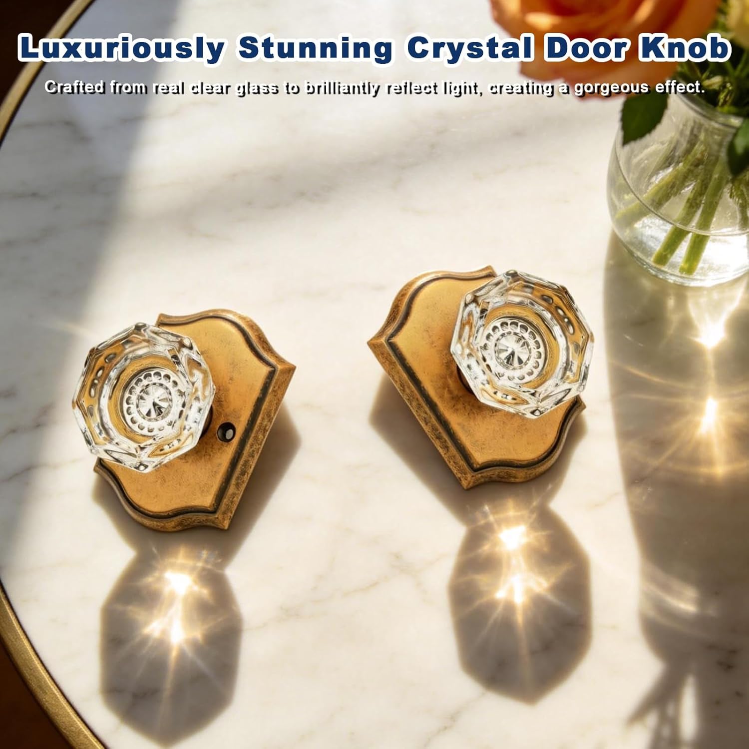 Orger Glass Passage Door Knob for Hallway and Closet, Crystal Door Handle with Non-Locking Latch, Octagonal Clear Aged Brass Door Knob 5 Pack, Vintage Rosette with Heavy Duty Glass