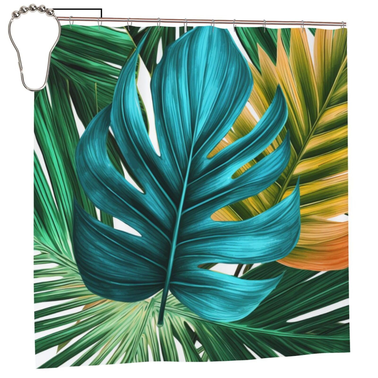 BWWHCCTI Tropical Palm Leaf Printed Shower Curtain With 12 Iron Hooks Opaque Quick Drying Waterproof Shower Curtains Sets For Bathroom 183x183 CM
