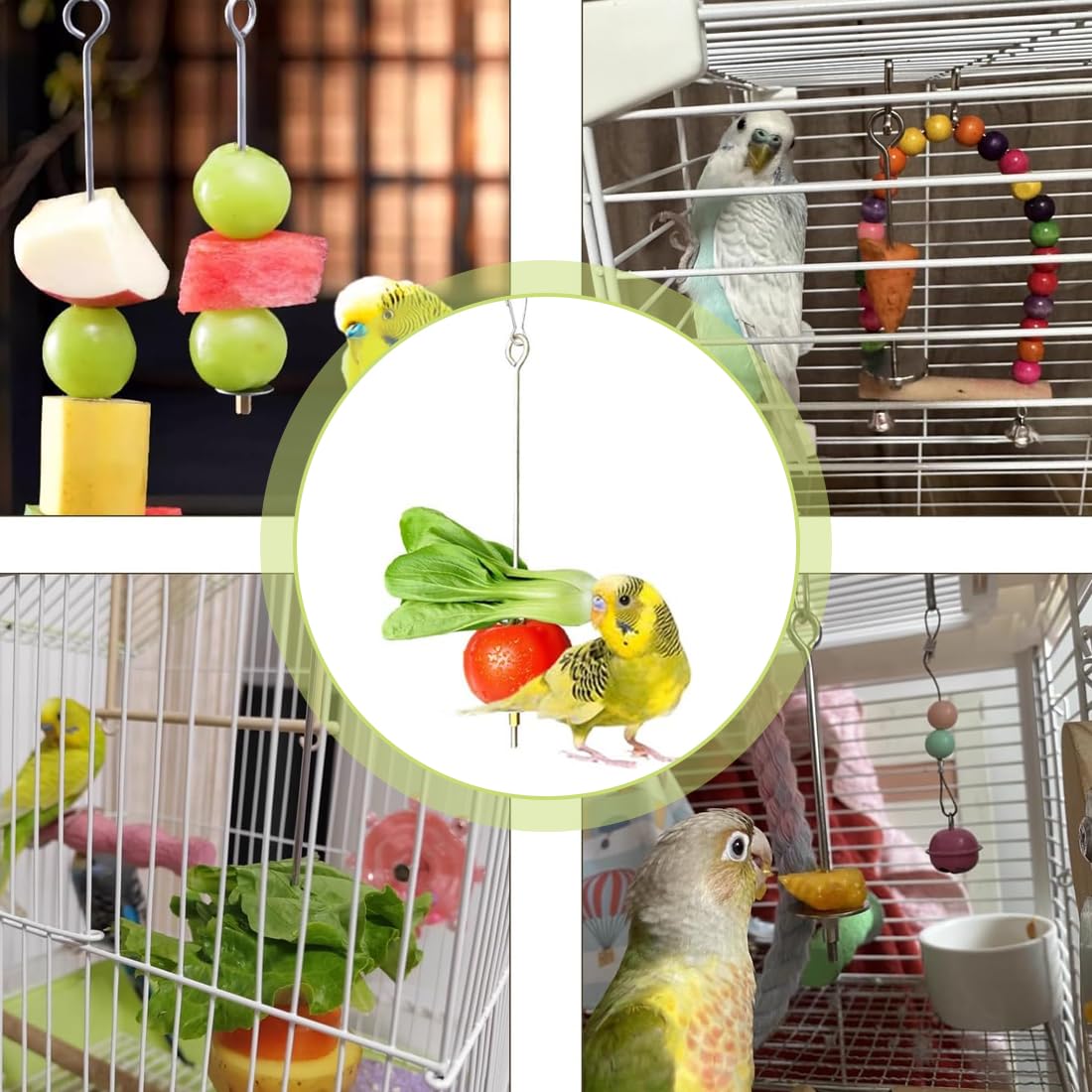 4 Pezzi Spiedino Portafrutta per Pappagalli, Mangiatoia per Pappagalli, Accessorio Appeso alla Gabbia per Foraggiamento del Cibo, Portafrutta per Uccelli, Giochi per Pappagalli, Acciaio Inox