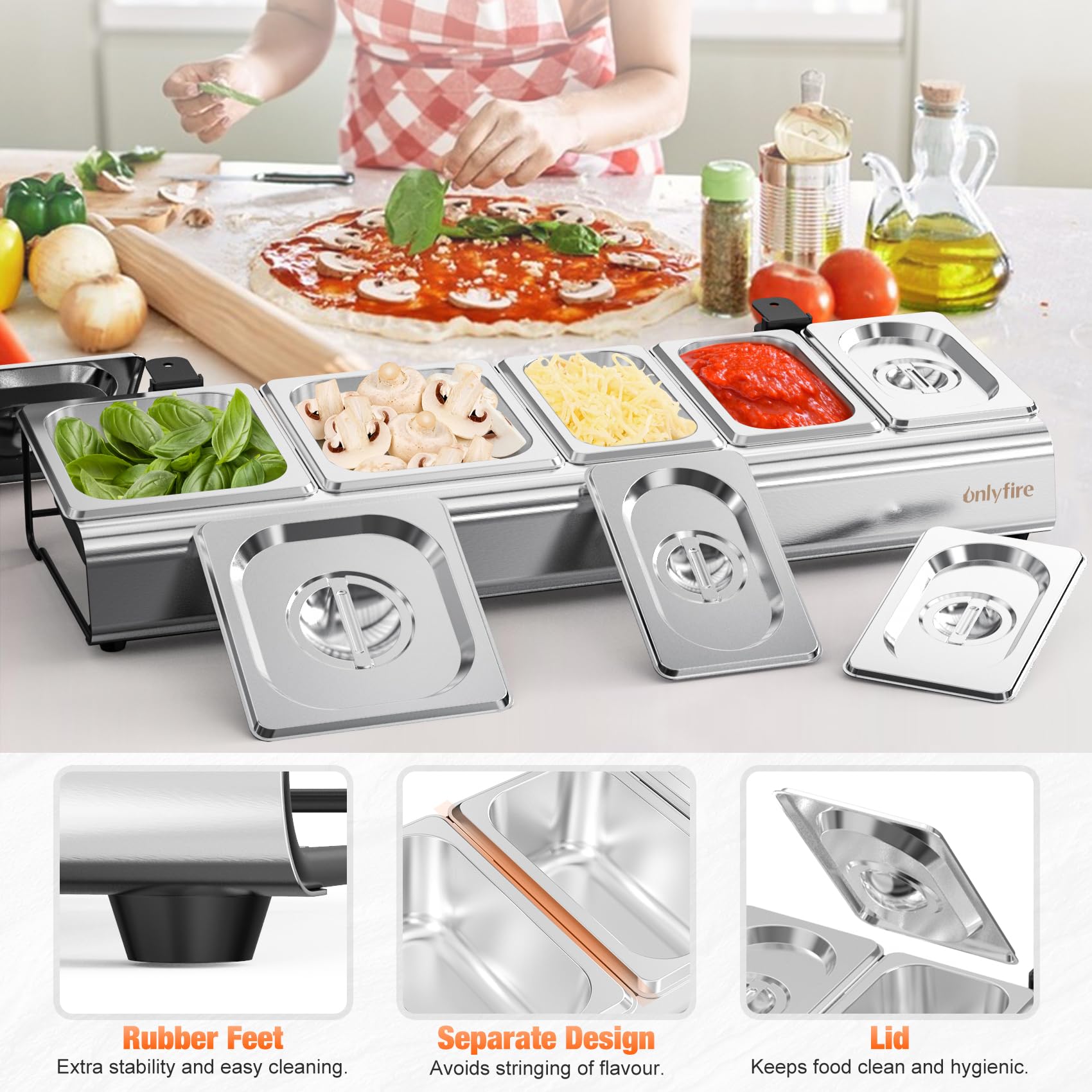 onlyfire Portacondimenti Aggiornata in Acciaio Inossidabile con Coperchio e Morsetti a C per Carrello e Tavolino per Barbecue, Porta Ingredienti Pizza per Preparare Ingredienti, Contenitori per Cibi