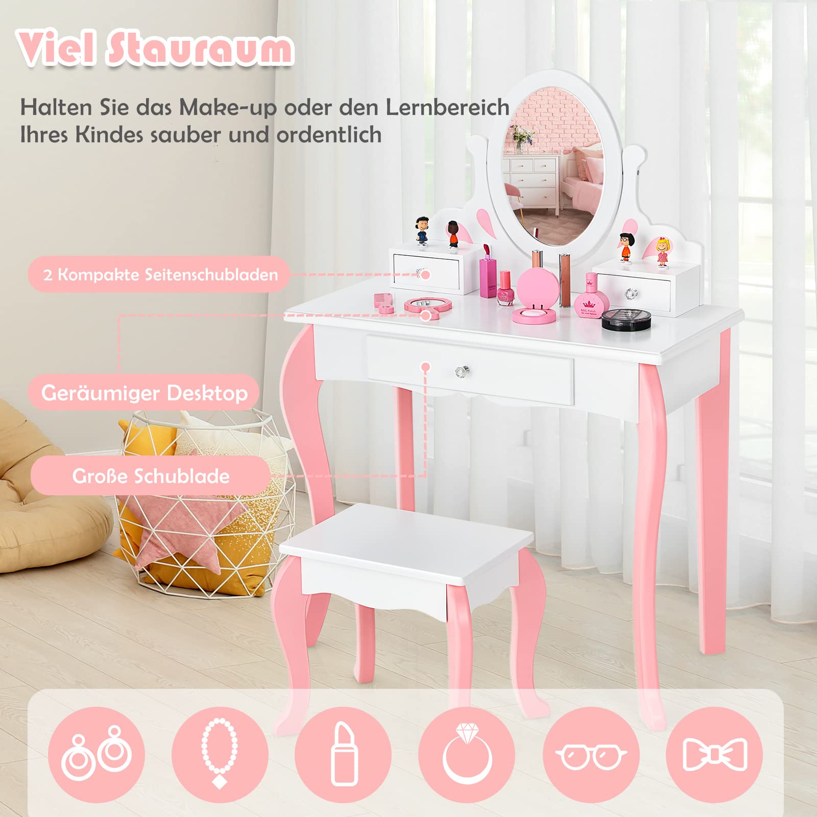 COSTWAY Kinder Schminktisch mit Hocker, Prinzessin Frisiertisch mit 3 Schublade & 360 ° drehbarem Spiegel, Frisierkommode Schminkkommode für Mädchen (Weiß)