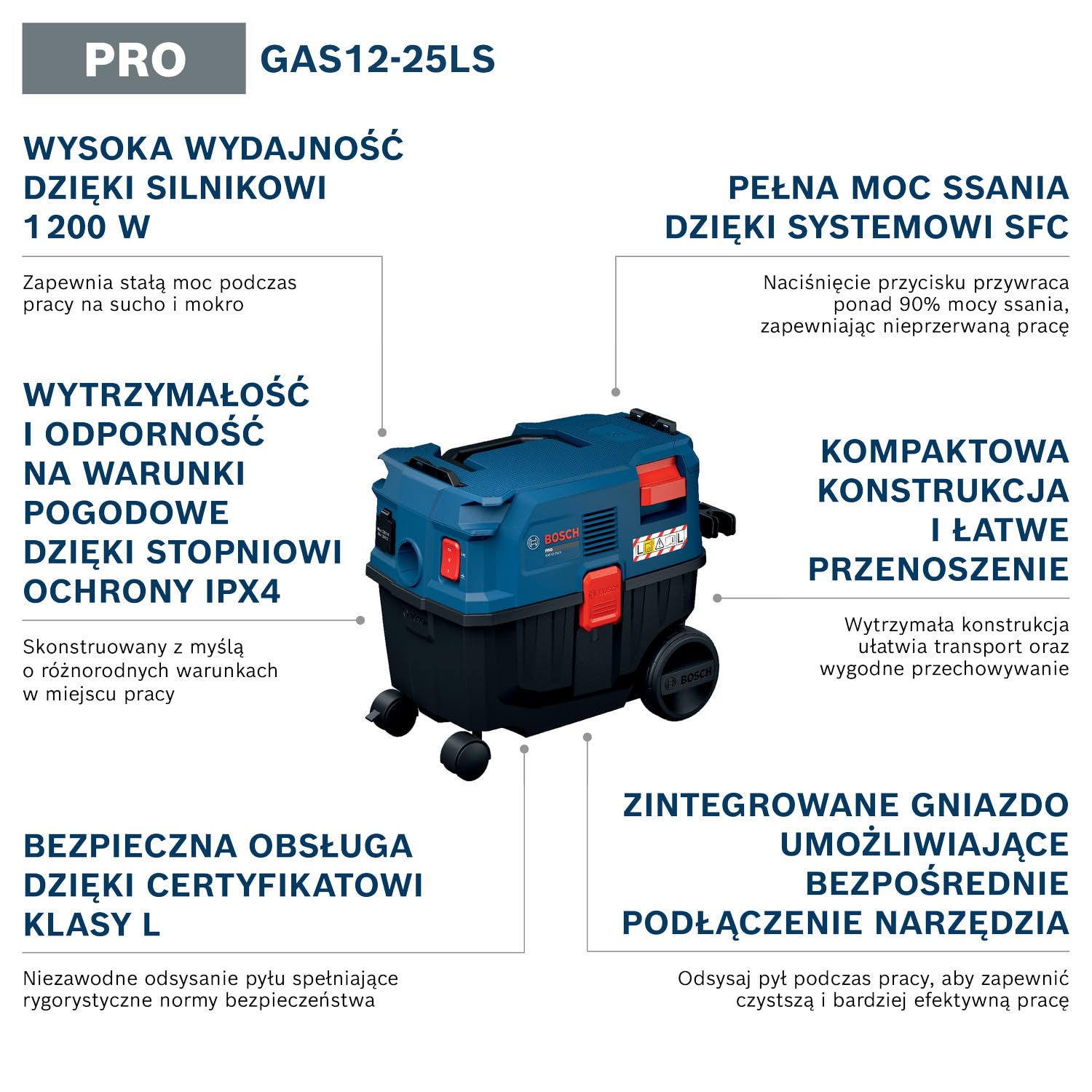 Bosch PRO Sieciowy odkurzacz do pracy na sucho i mokro GAS12-25LS (rury plastikowe, płaski filtr fałdowany, wąż odsysający 3,5 m, 3 x dysze, worek włókninowy, uniwersalny adapter)