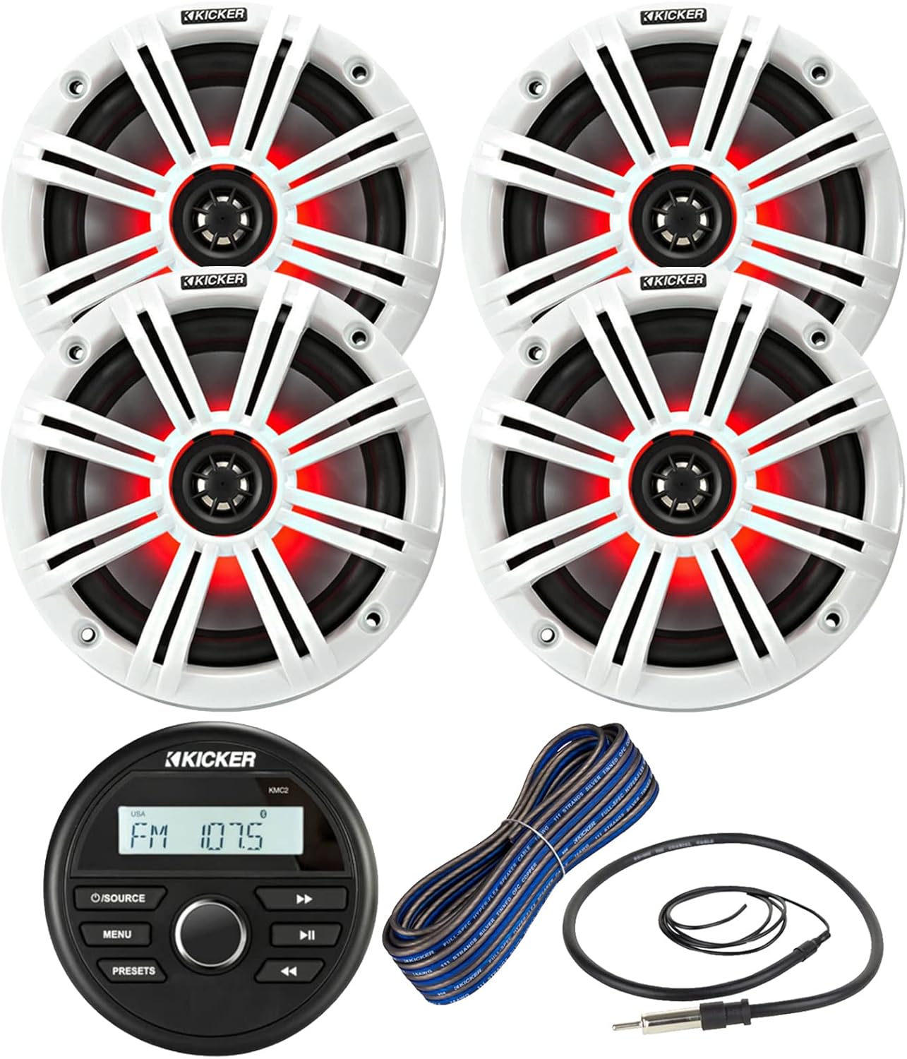 Kicker Weather-Resistant Gauge Style Bluetooth Marine Digital Media Receiver Bundle Combo with (QTY 4) 6.5" 2-Way 195W Max Coaxial Marine LED Speakers w/ White Grilles, 16-Gauge Wire, 22" Antenna