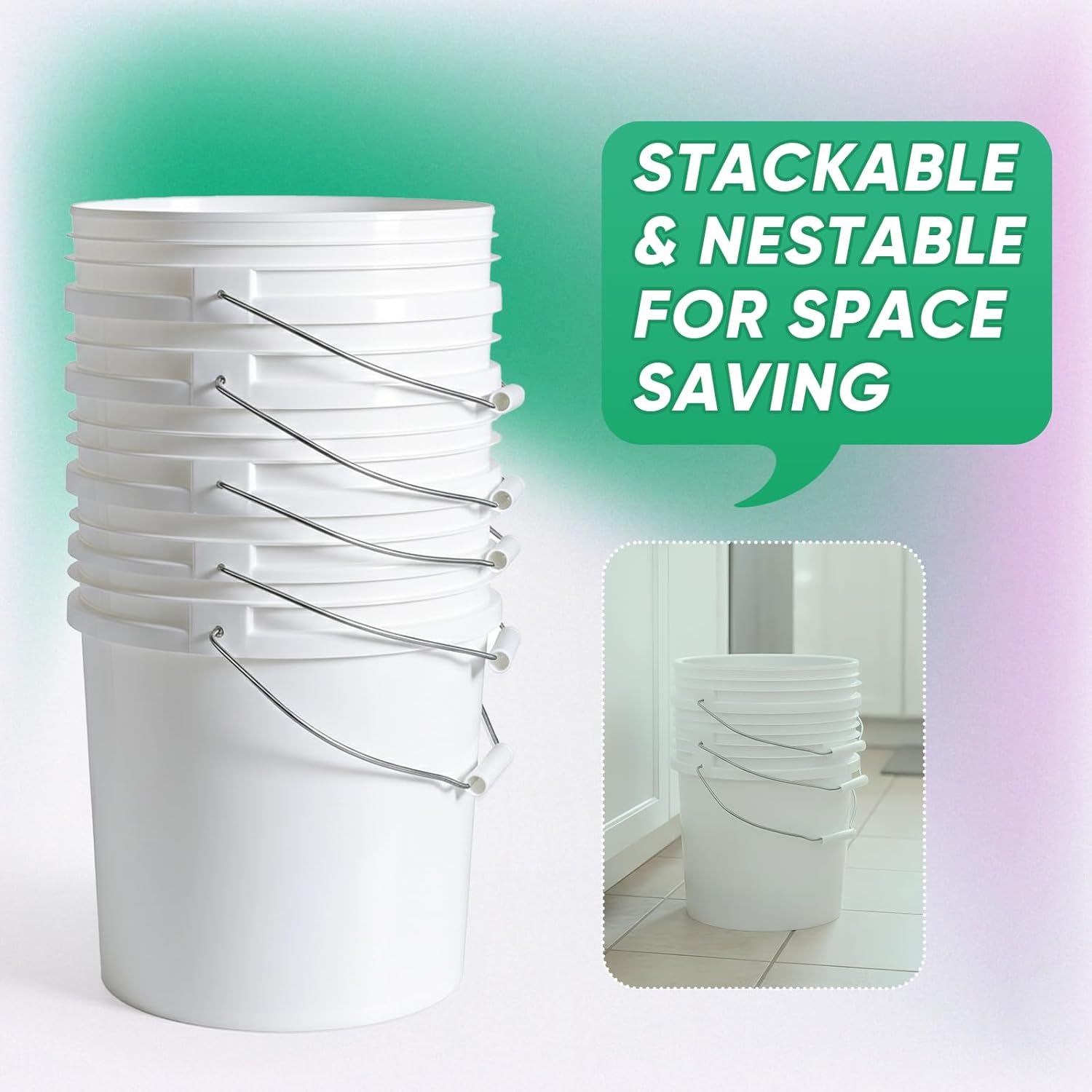 DEMORA Food Grade 2.5 Gallon Bucket, Heavy Duty 2.5 Gallon Mop Bucket with Metal Handle for Household Cleaning, Car Wash, Farm Garden Storage Containers, Easy to Clean, BPA Free (White, 18 Pack)