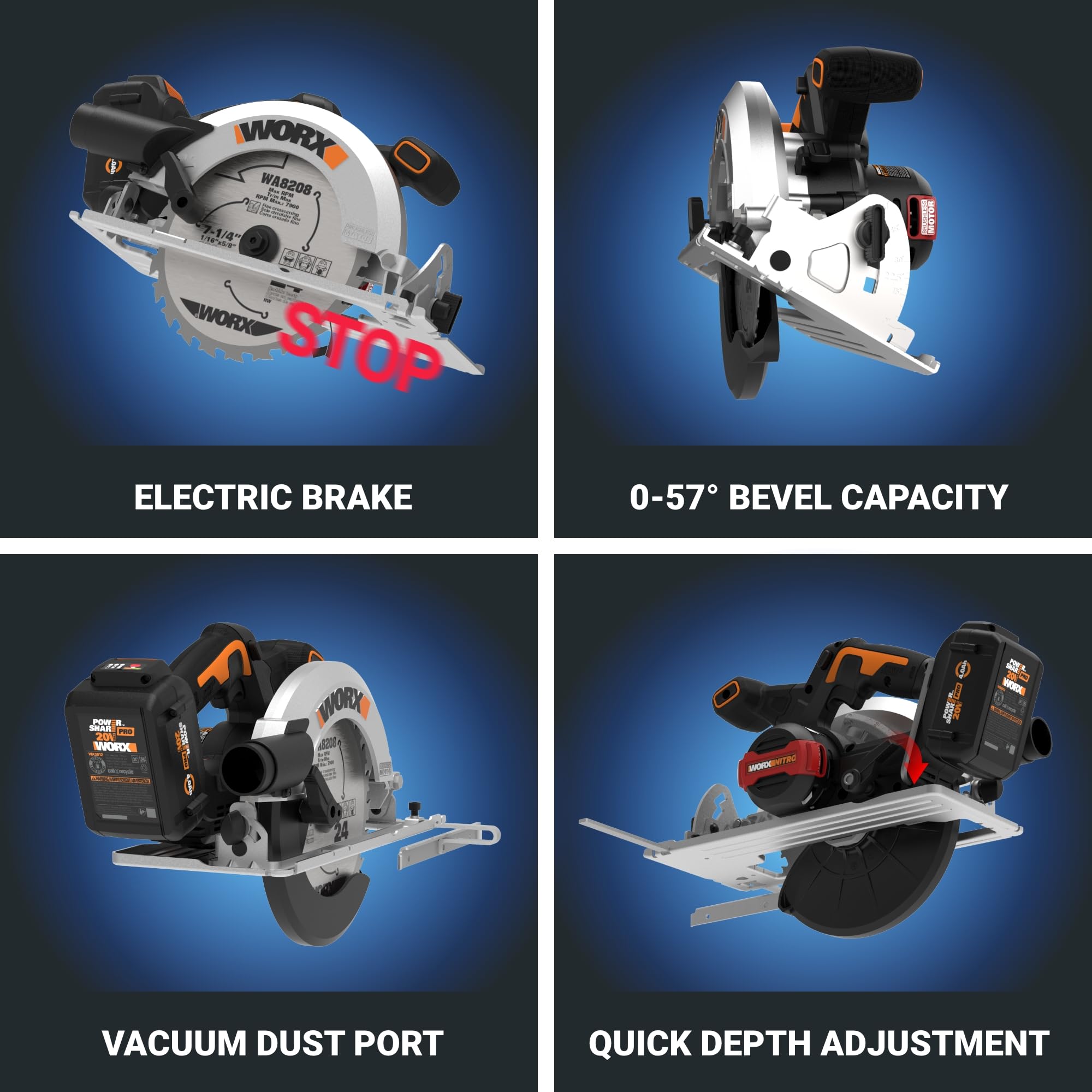 Worx Nitro 20V Brushless Cordless Circular Saw, 7-1/4-Inch, Compact  Circular Saw WX520L, Battery Charger Included