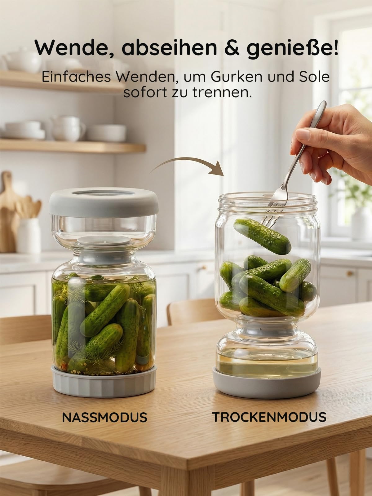 Homnoble Gurkenglas zum Umdrehen, 1L Glas Einlegeglas mit Sieb Sanduhr, Pickle und Olive Jar Flip Food-grade ABS Deckel und BPA Frei für Essiggurke Olive Kimchi Jalapenos