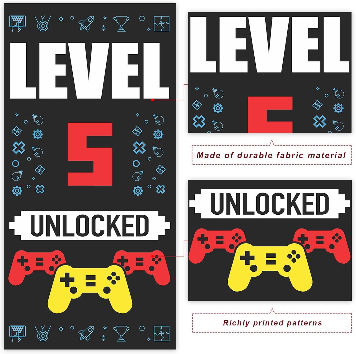 Level 5th Unlocked Happy 5th Birthday Level Up Banner Backdrop Background Photo Booth Props Video Games Gamepad Theme Decor for Boys Girls 5th Birthday Party Favors Supplies Decorations image 3