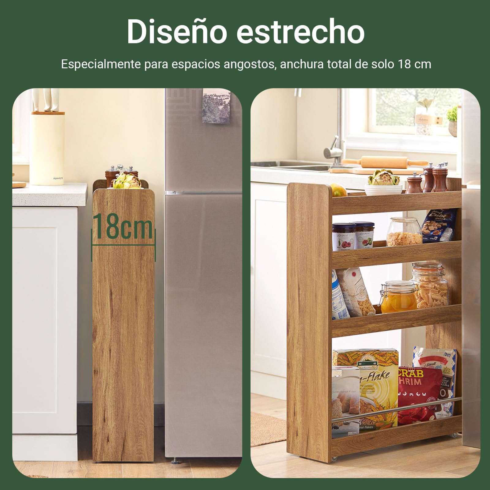 SoBuy Carro Auxiliar con Ruedas para Cocina y Baño, 4 Niveles, 60x81x18,5cm | Estante Salvaspacio de 4 Niveles con ruedas & barra anticaída, carga 5 kg/nivel, PB, cocina & baño & dormitorio, NSR01-PF
