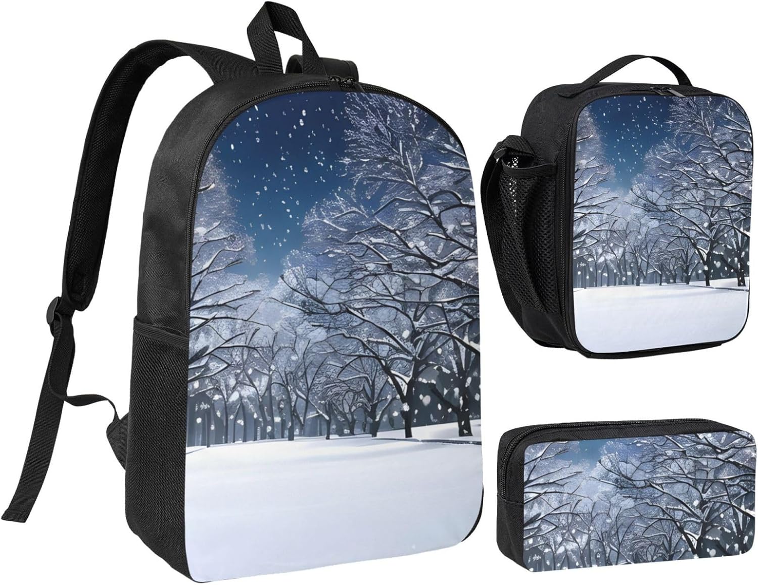 Winter Snow Falling in The Park print 3 Piece Backpack Bags with Lunch Box Pencil Case Set for Travel Work Camping Unisex