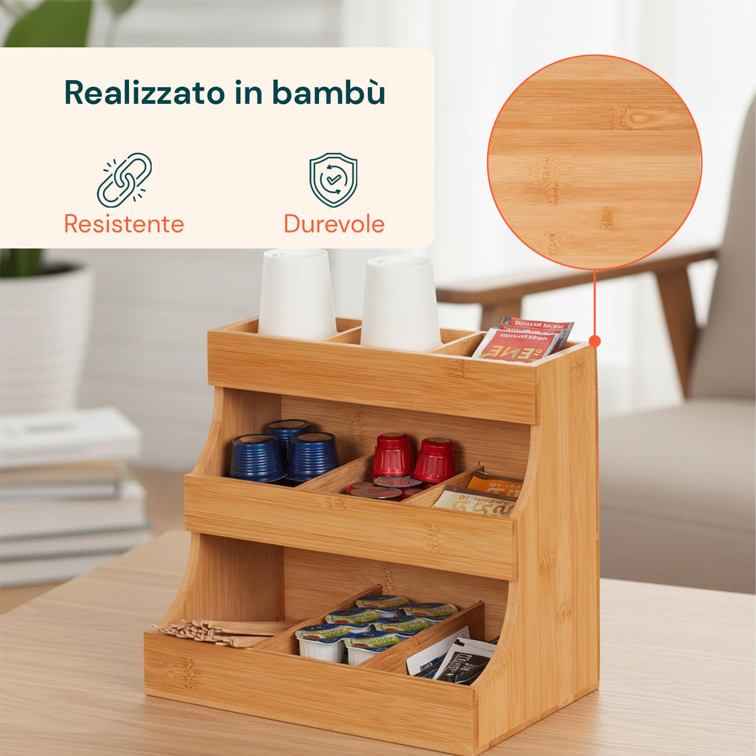 Avilia Organizer in Bambù con 9 Scomparti – Porta Capsule Caffè e Portacialde, Alzatina Cucina Salvaspazio per Bustine Tè, Tisane e Zucchero – Contenitore Multiuso per Cucina, Ufficio e Bagno