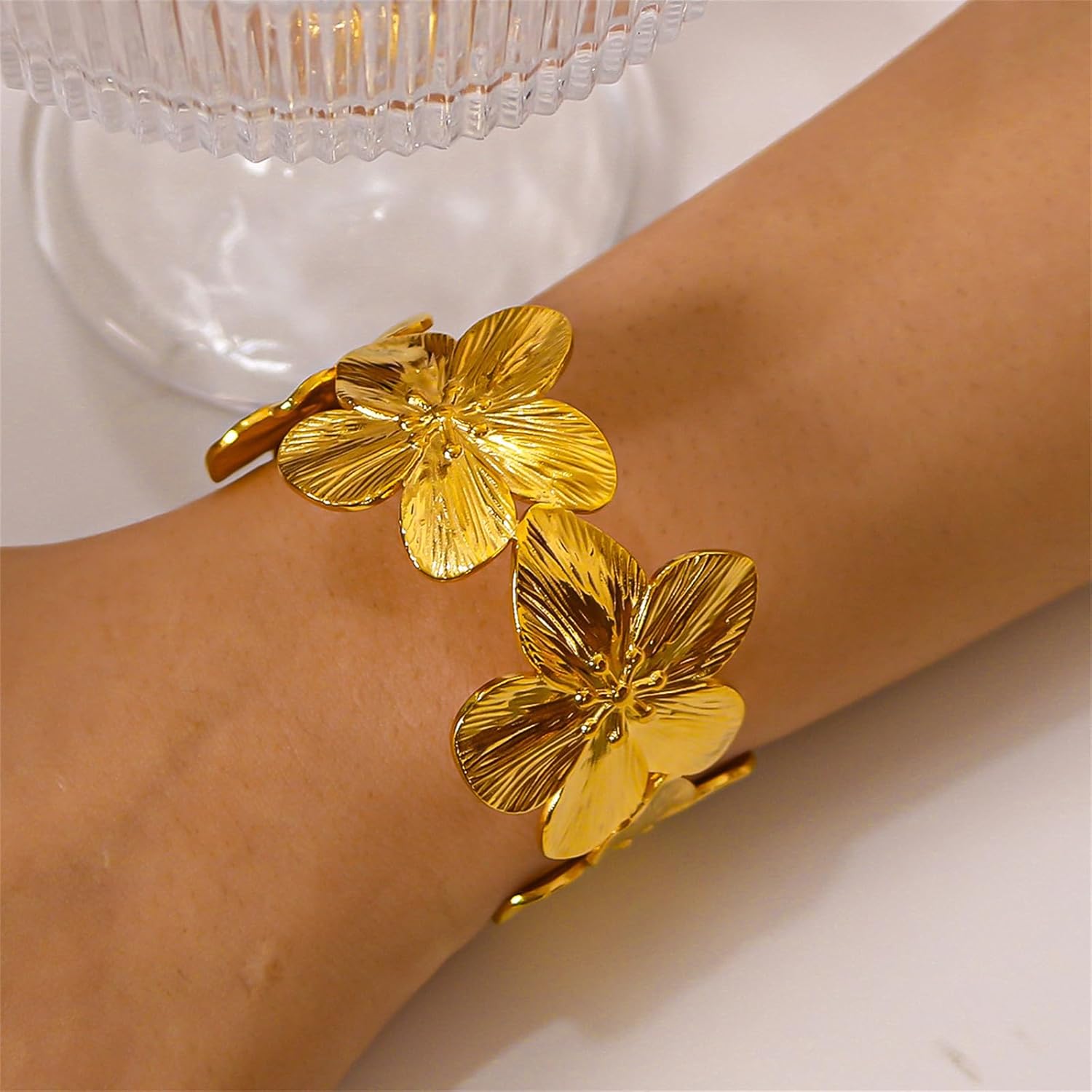 Wide Cuff Bracelets for Women,Vintage Chunky Flower Bracelet Boho Trendy Cute Floral Open Thick Arm Cuff Bangles Minimalist Statement Bracelets - Image 3