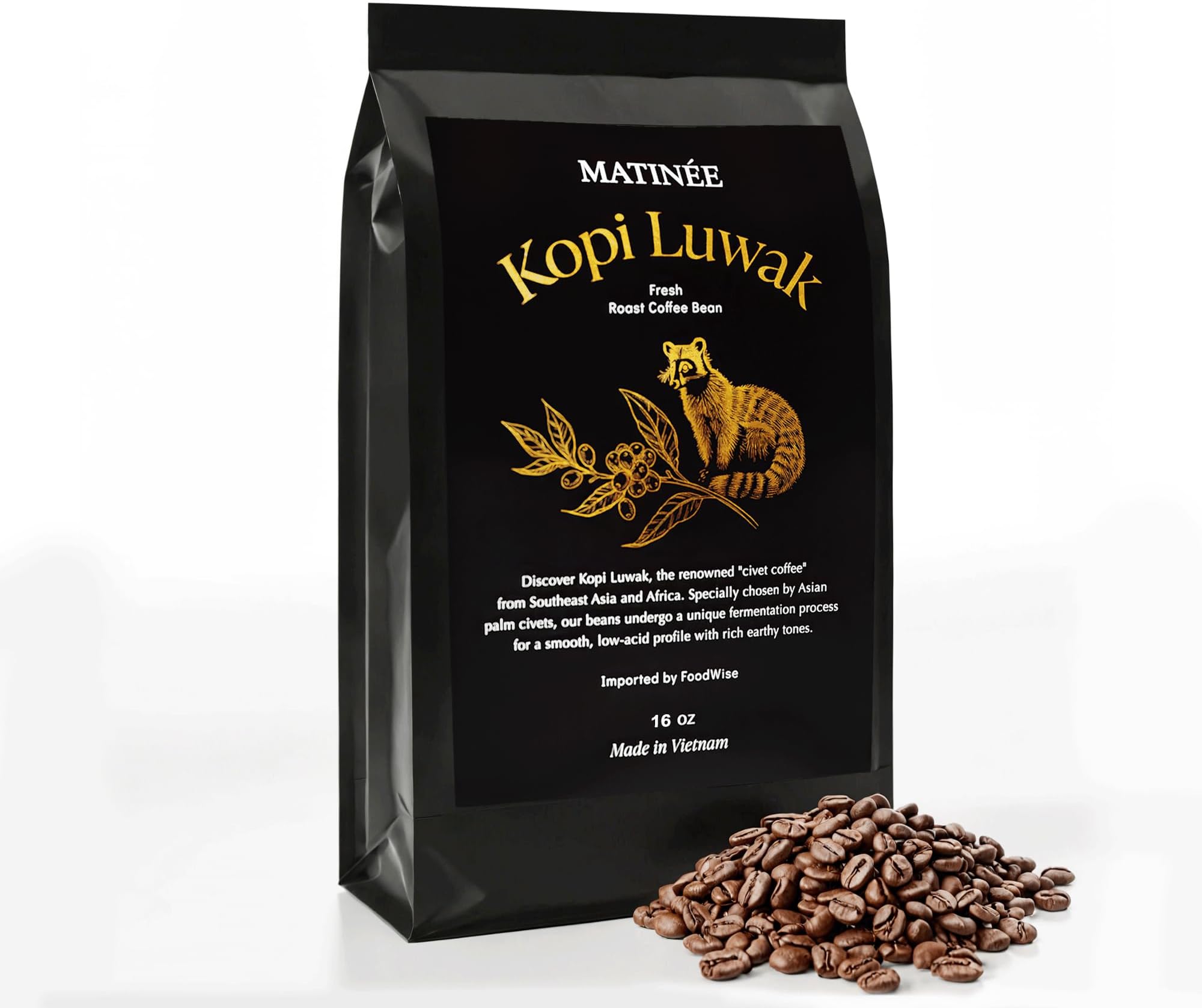 Wild Kopi Luwak Coffee Beans, Medium Roast, Whole Bean Coffee, Sustainably Sourced From Vietnam, 16oz / 454 Grams