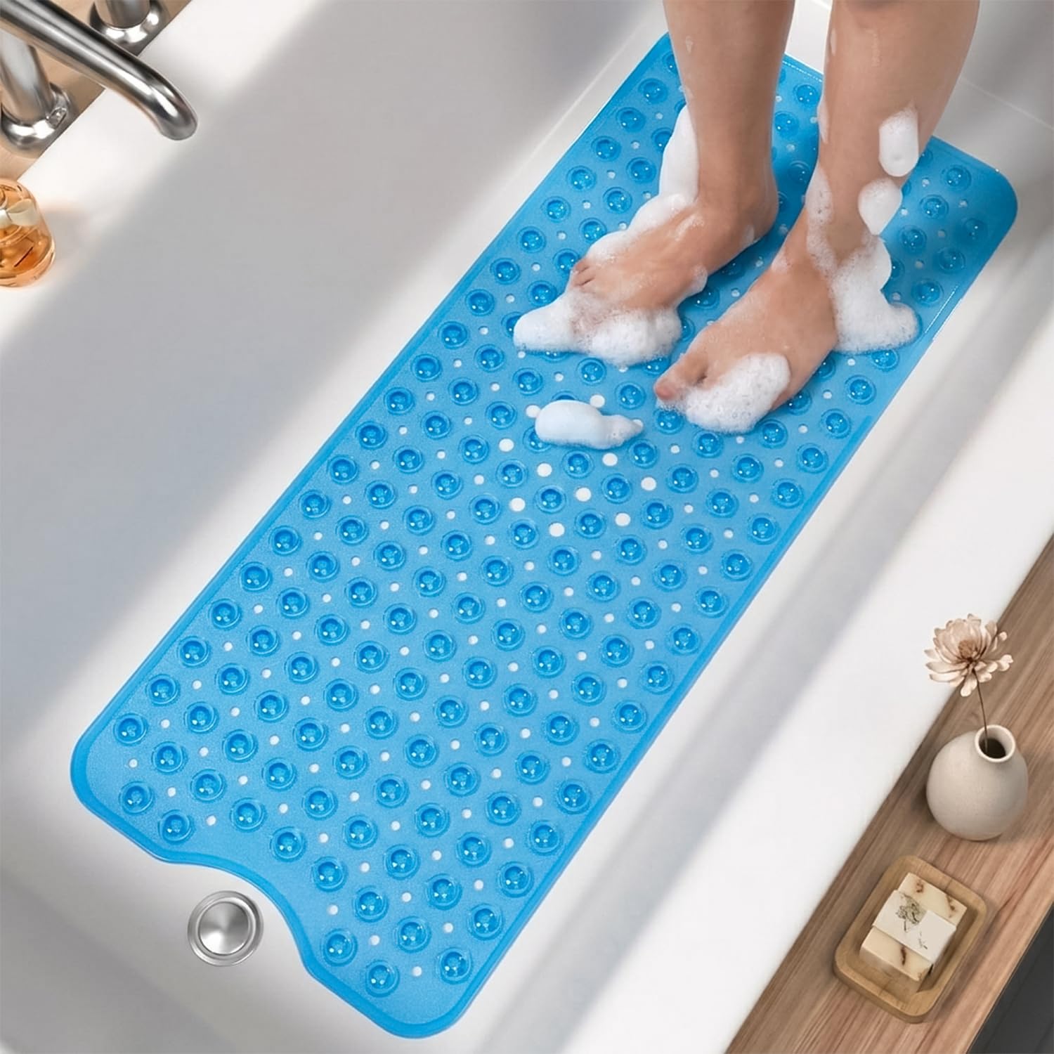 GNEGNI LIFE Non Slip Bath Mat for Inside Bath, 101x40cm Extra Long Anti Slip Bathtub Mat with Strong Suction Cups & Drain Holes, Anti Mould Machine Washable Soft Shower Mat for Bathroom (Blue)