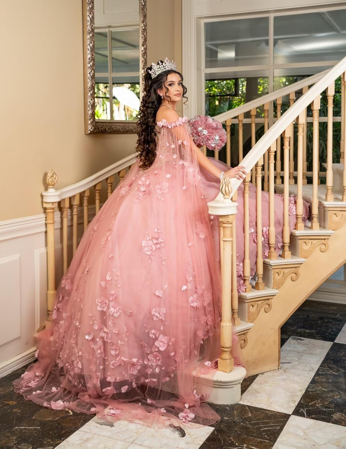 Ftupza 3D Floral Quinceanera Dresses Ball Gown with Cape Off Shoulder Sweet 16 Dresses Beaded Sparkly Tulle Prom Gowns - Image 2