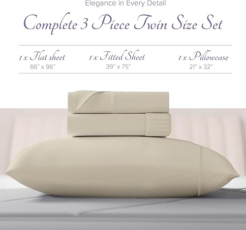 Miniatura 3 de Carressa Linen Sábanas 100% algodón egipcio, juego de sábanas de 600 hilos de 3 piezas, tamaño individual, suave, refrescante, tejido de satén de