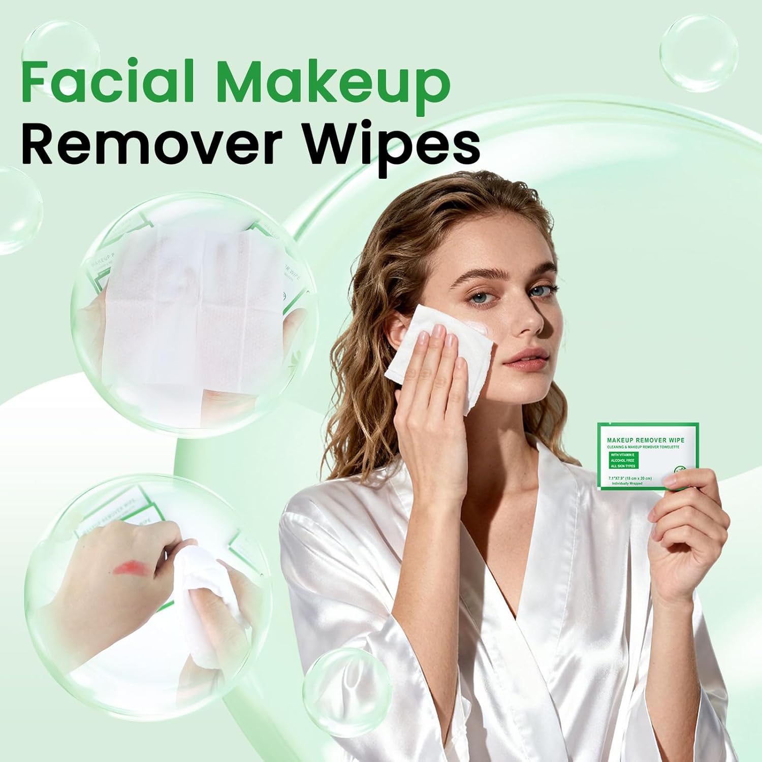 Individual Makeup Remover Wipes Bulk - Pack of 200,Green Individually Wrapped Face Cleansing Wipes Travel Size for Mascara,Lipstick,Skin Care,Hotel Toiletries