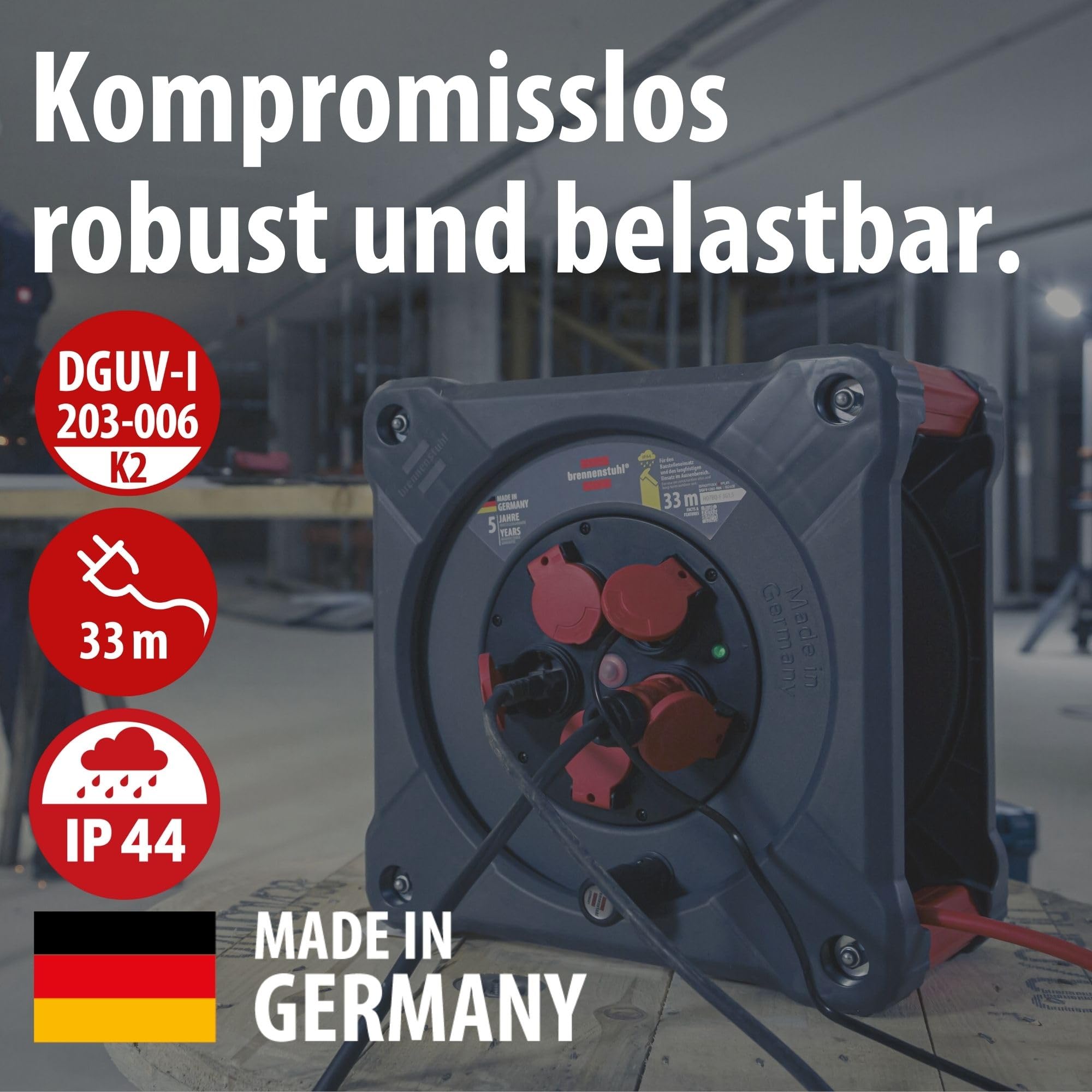 Brennenstuhl Avvolgicavo professionale per cantiere, KA 3110 5 IP44 (33 m H07BQ-F 3G1,5 cavo rosso, uso in cantiere e uso esterno permanente, 5 prese di sicurezza, Made in Germany)