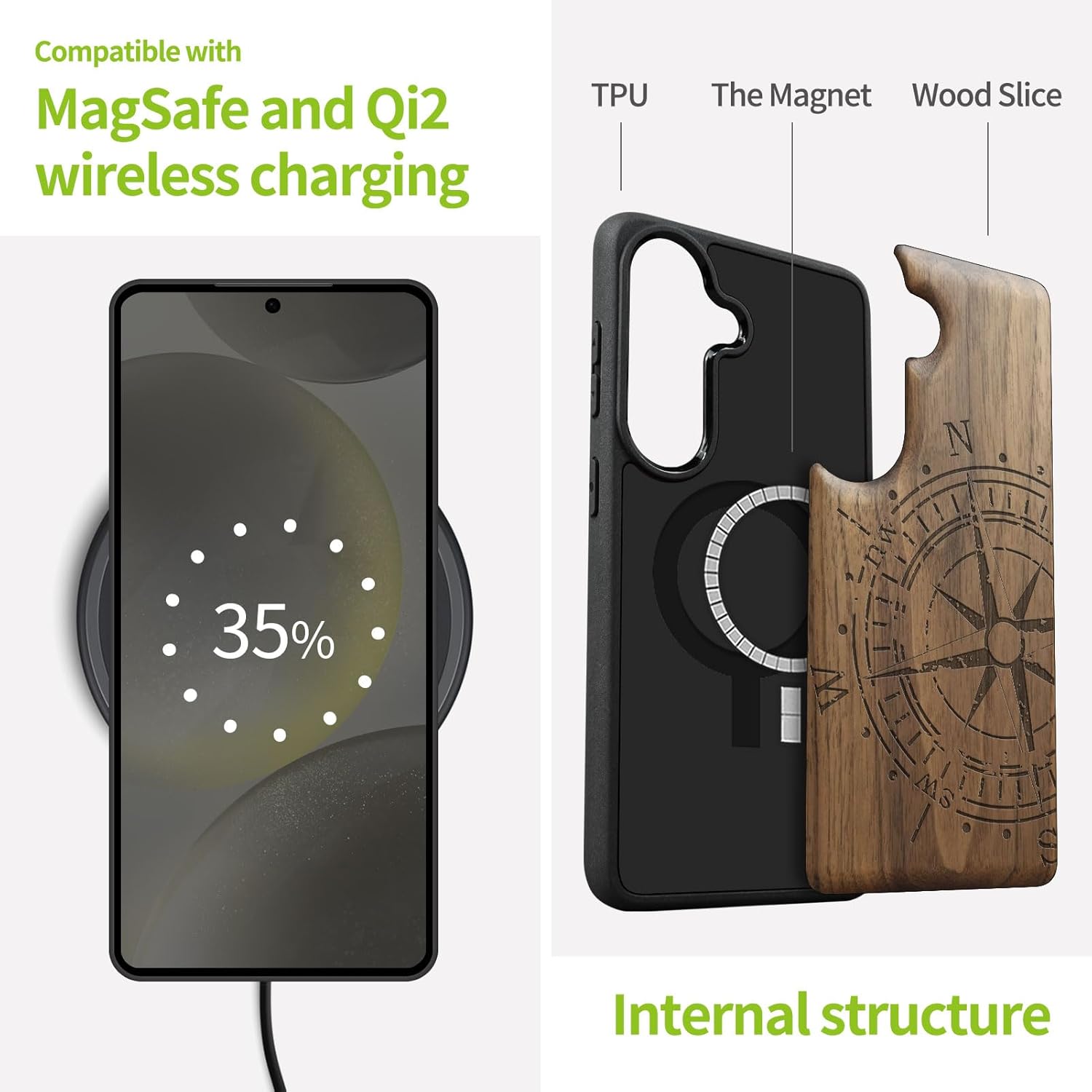 Carveit Magnetic Wooden Case for Galaxy S26+ Samsung S26 Plus Case, TPU Shockproof Cover & Wood Engraved, Compatible with MagSafe Wireless Chargers (The Incomplete Compass) Walnut