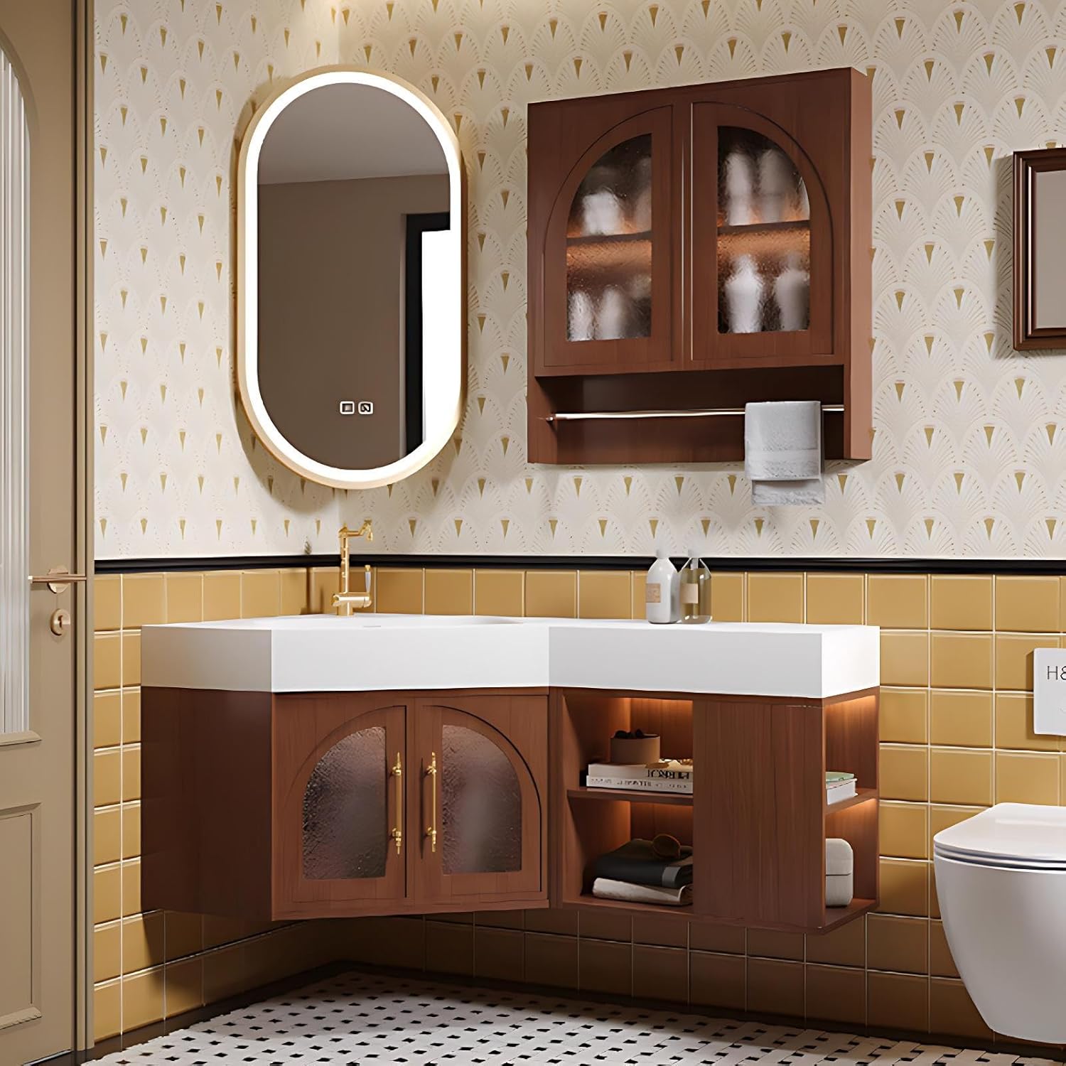 36 Inch Corner Bathroom Vanity with Sink - Solid Wood Floating Corner Bathroom Vanity with Smart Defog Mirror, Modern Sink Cabinet with Multiple Storage Area, Complete Accessories