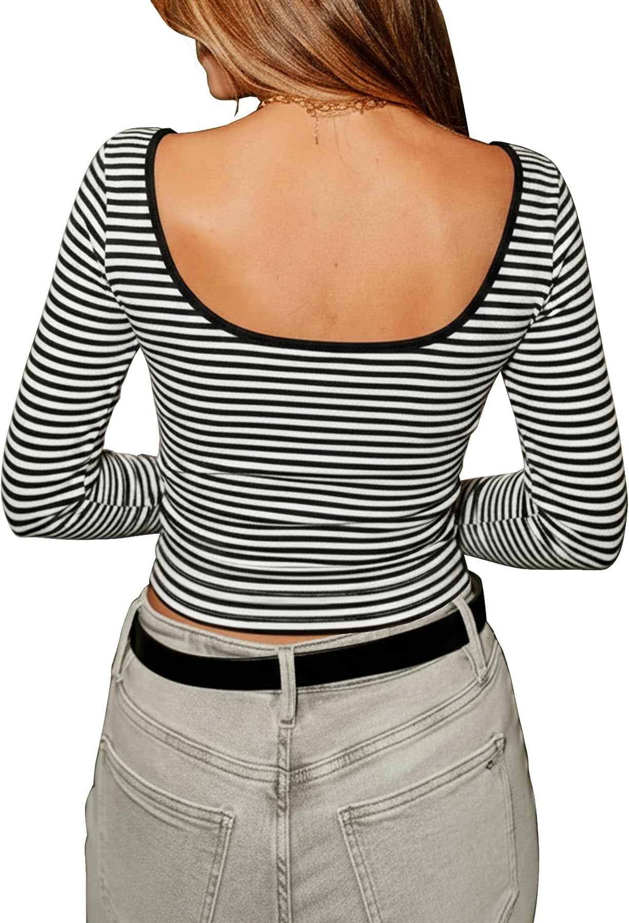 Women Long Sleeve Tops Backless Striped Top Going Out Boat Neck T Shirts Cute