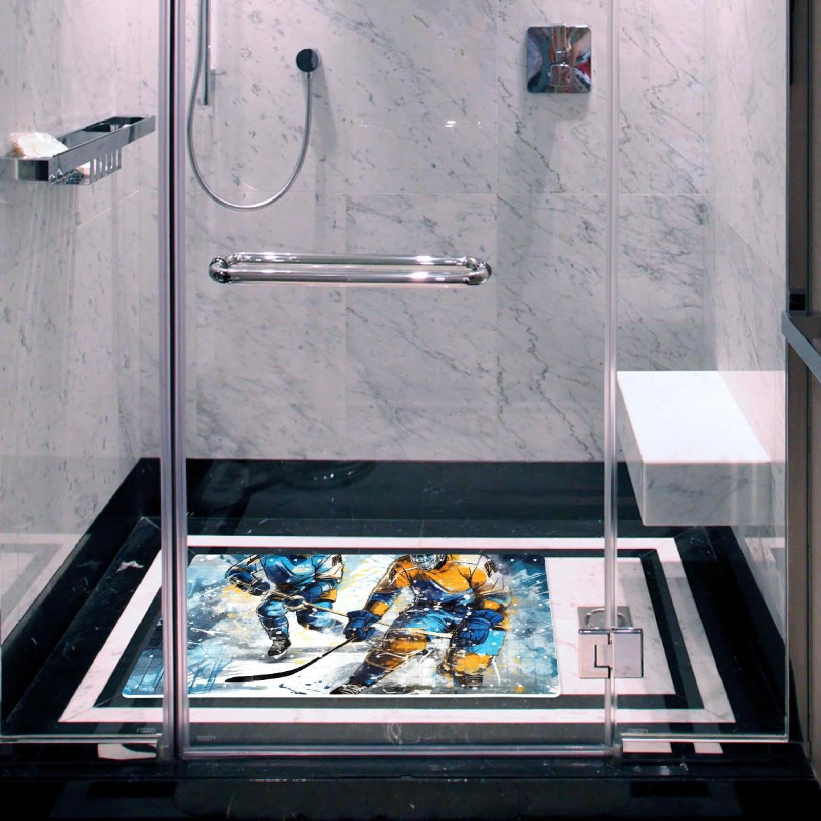 Tapis de bain et de douche avec motif peinture de hockey sur glace, lavable, ventouses et trous de drainage pour garder les baignoires propres, transparent