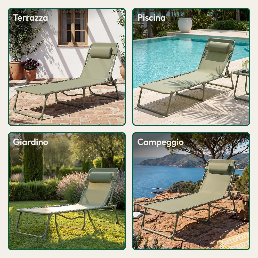 CASABEL Sedia Sdraio Pieghevole da Giardino, Set di 2 Lettini Pieghevoli Esterno Comodi e Resistenti, Struttura in Acciaio e Rivestimento in Textilene, Arredo Giardino Prendisole, Verde salvia